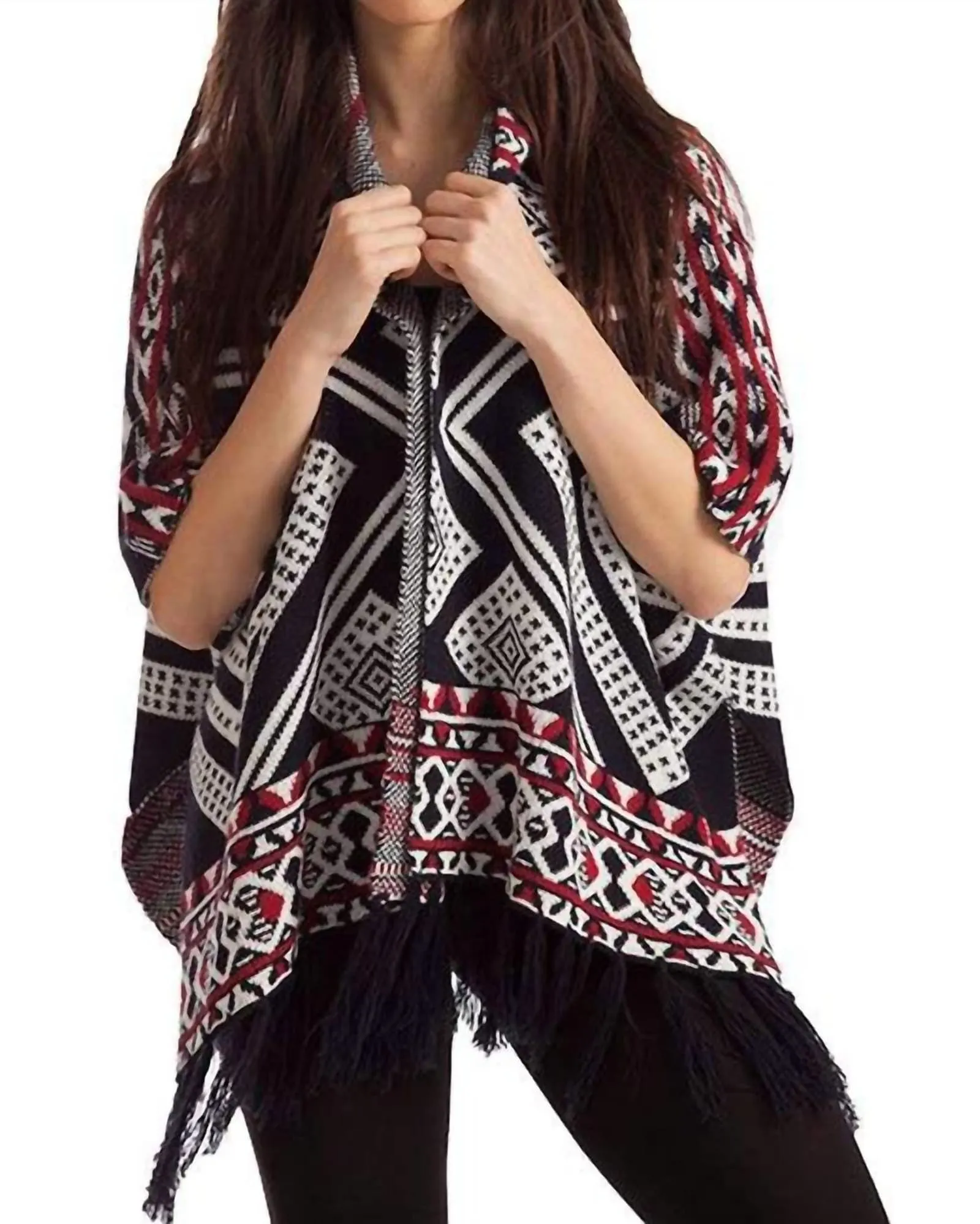 Hannah Tassel Poncho in Black/Red | Black/Red