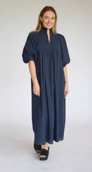 High Neck Midi Navy Seersucker