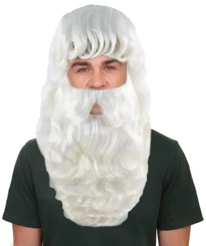 HPO adult Men's Santa Wig and Full Beard Set I White color I Flame retardant synthetic fiber I Breathable capless cap
