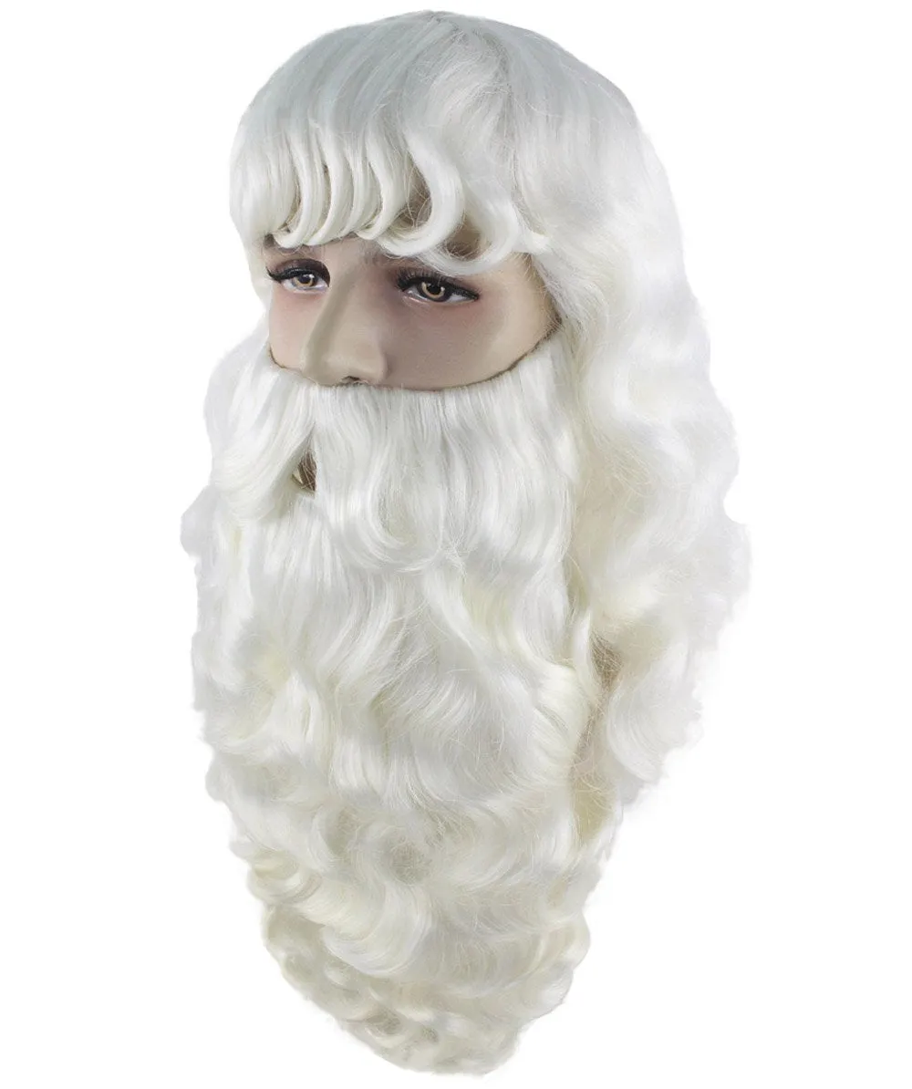 HPO adult Men's Santa Wig and Full Beard Set I White color I Flame retardant synthetic fiber I Breathable capless cap