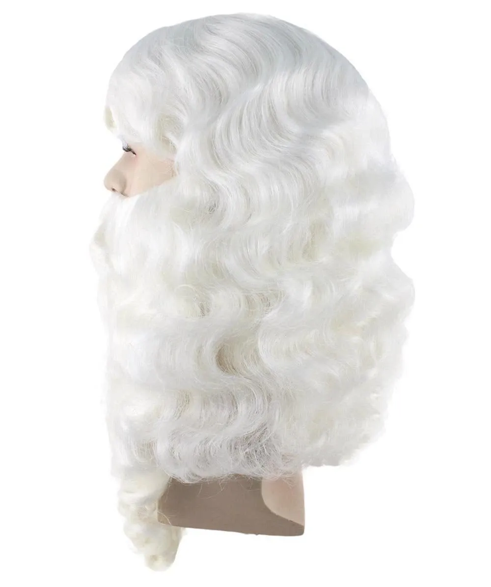 HPO adult Men's Santa Wig and Full Beard Set I White color I Flame retardant synthetic fiber I Breathable capless cap