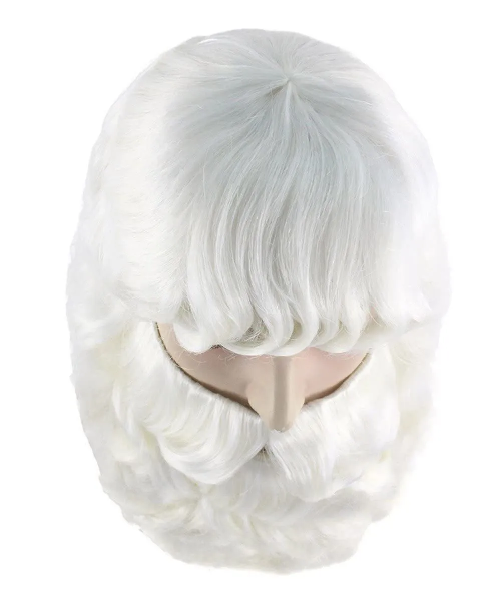 HPO adult Men's Santa Wig and Full Beard Set I White color I Flame retardant synthetic fiber I Breathable capless cap