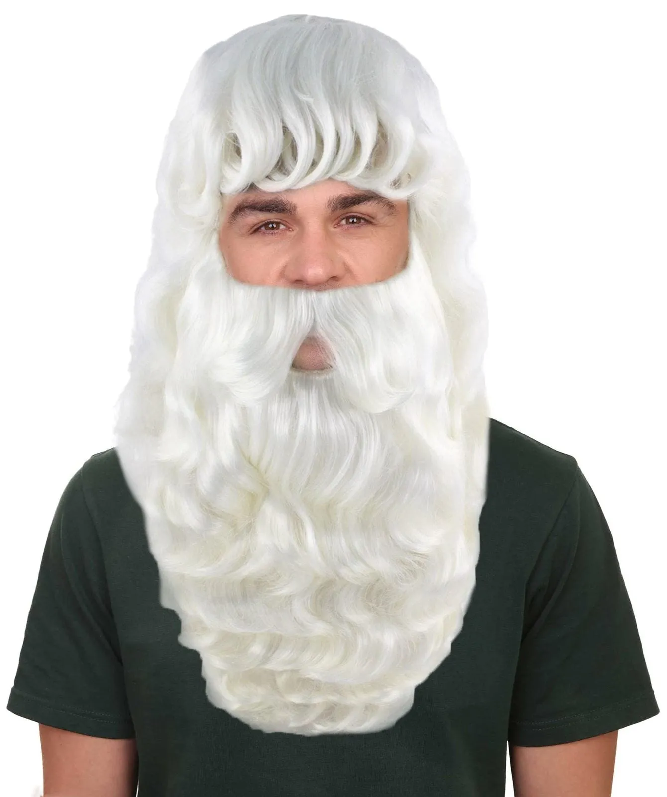 HPO adult Men's Santa Wig and Full Beard Set I White color I Flame retardant synthetic fiber I Breathable capless cap