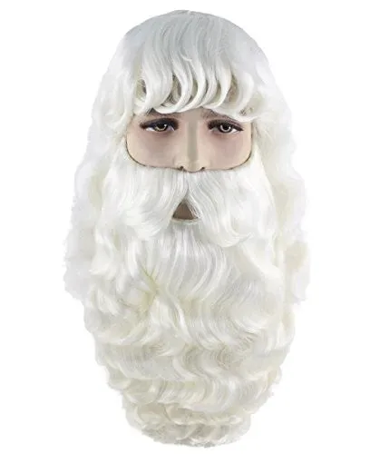 HPO adult Men's Santa Wig and Full Beard Set I White color I Flame retardant synthetic fiber I Breathable capless cap