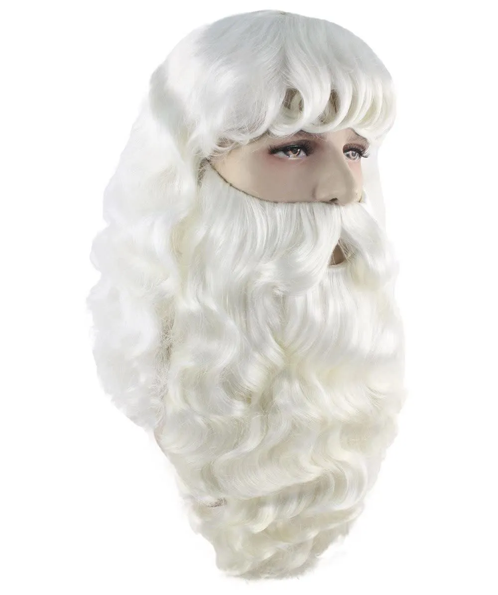 HPO adult Men's Santa Wig and Full Beard Set I White color I Flame retardant synthetic fiber I Breathable capless cap