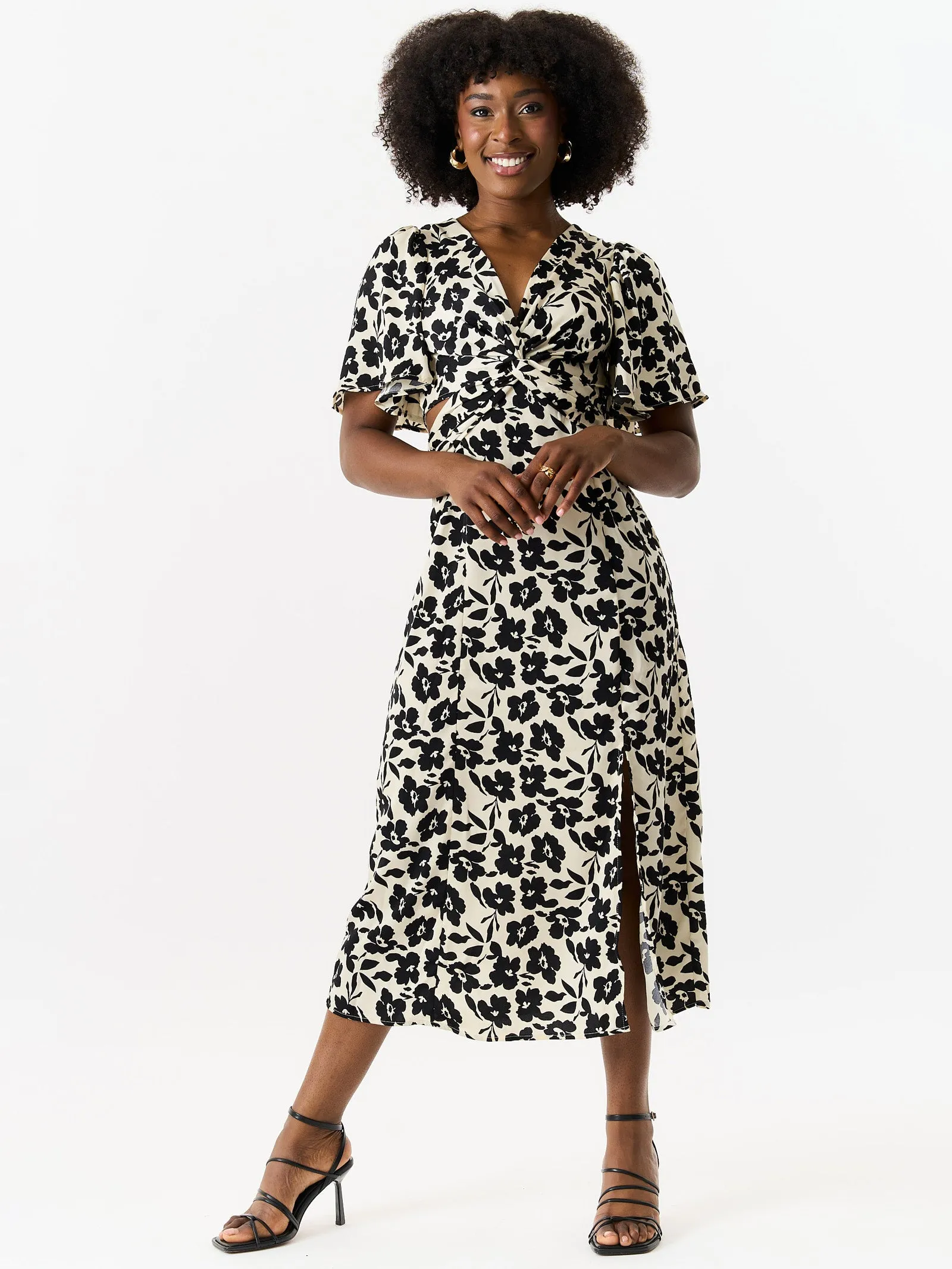 Ivory Floral Twist Front Angel Sleeves Midi Dress