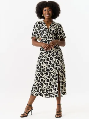 Ivory Floral Twist Front Angel Sleeves Midi Dress