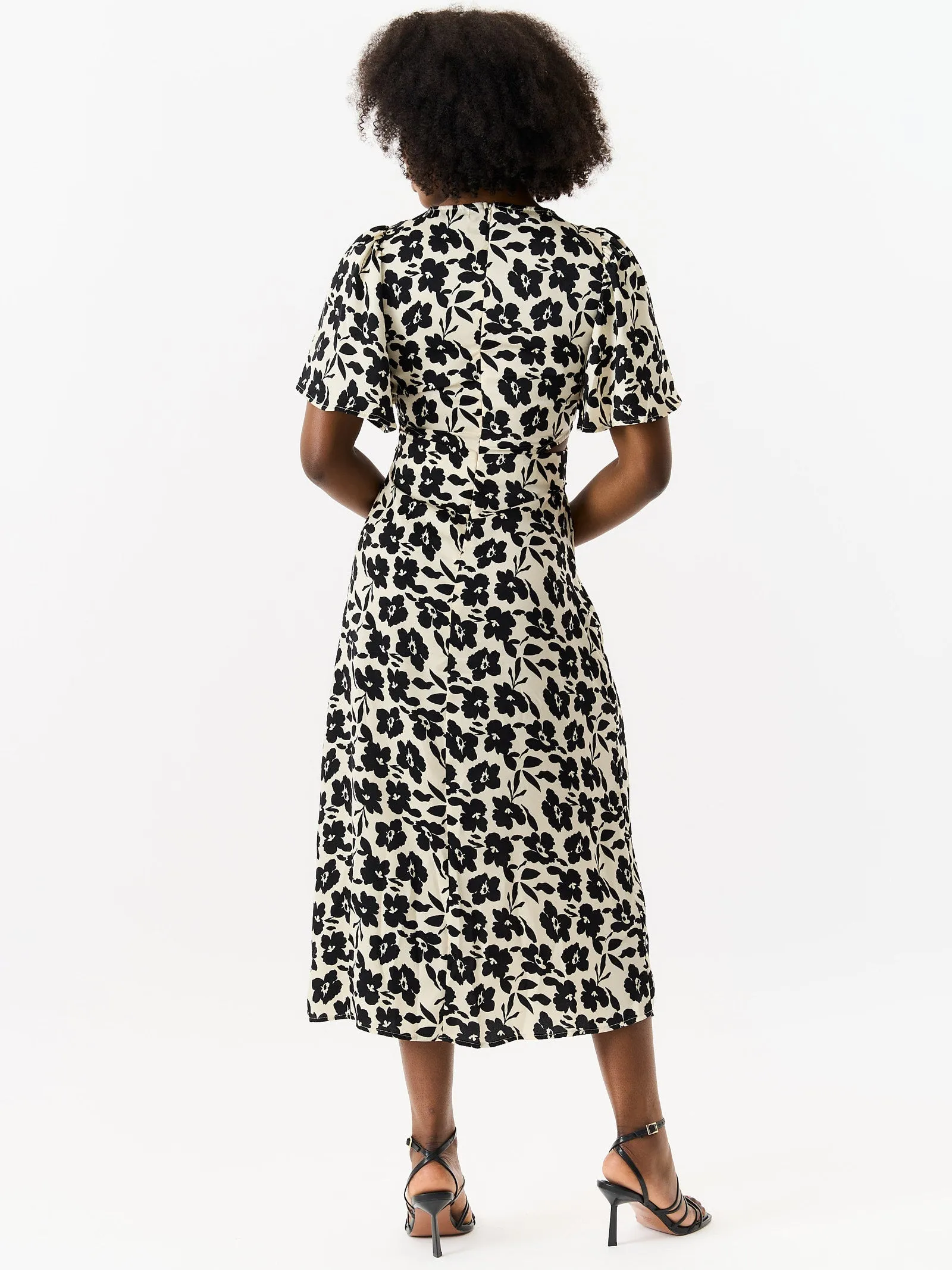 Ivory Floral Twist Front Angel Sleeves Midi Dress
