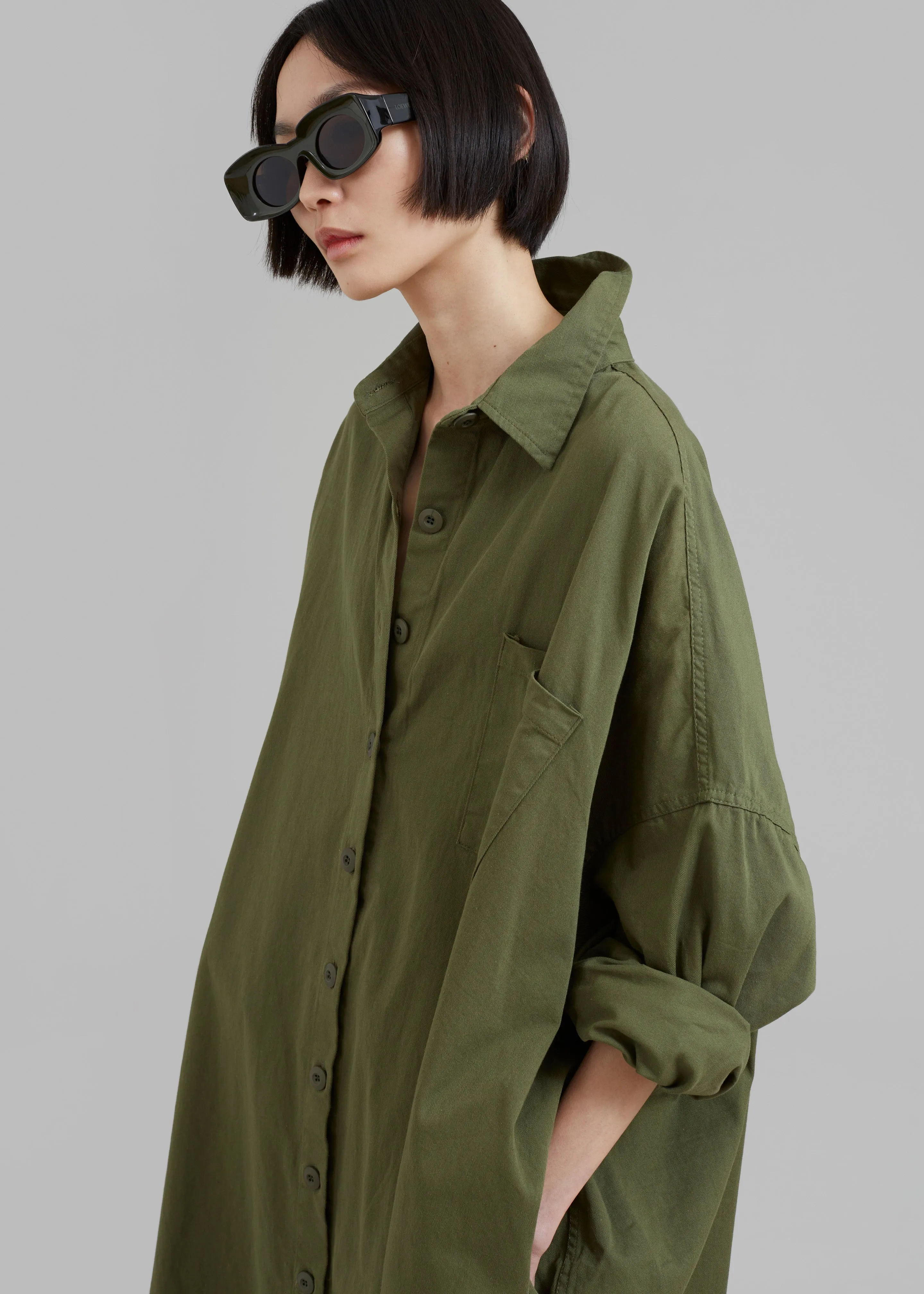 Kason Oversized Shirt Dress - Dark Olive