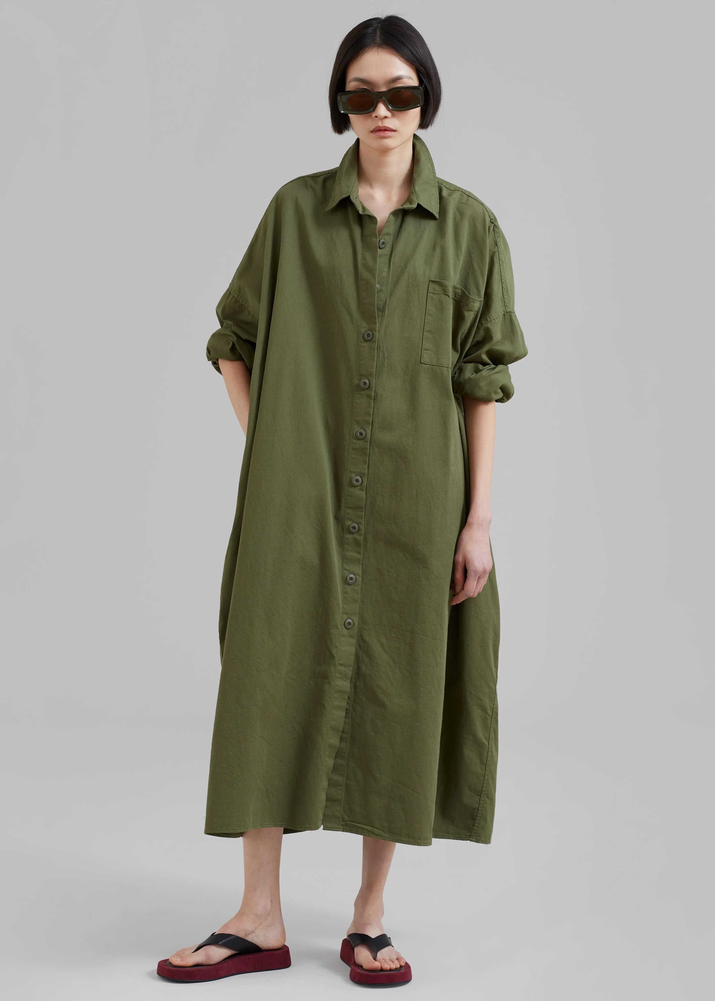 Kason Oversized Shirt Dress - Dark Olive