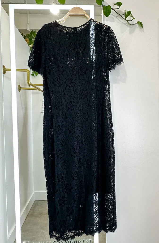 Lace Short Sleeve Fitted Midi Dress with Slip