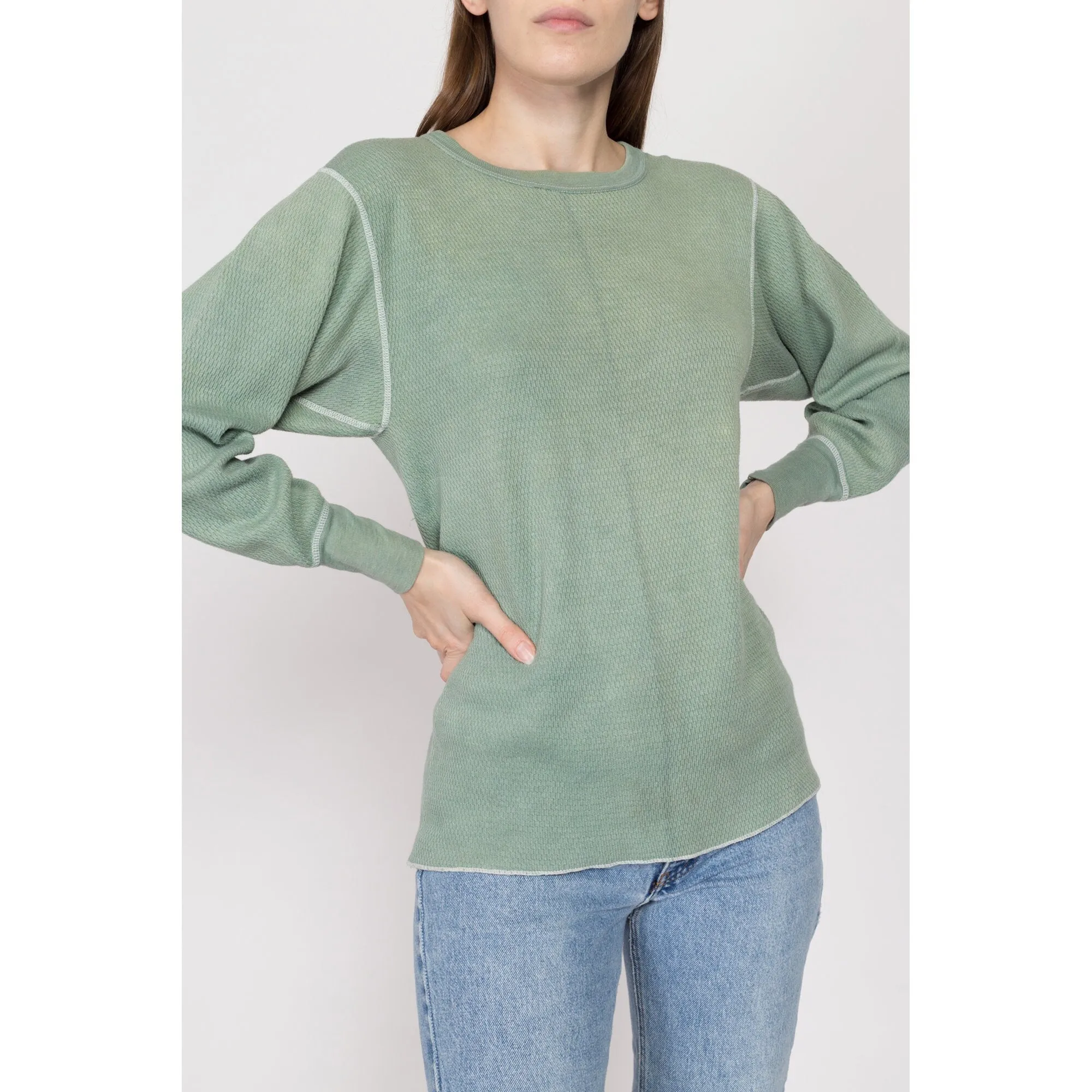 Large 80s Faded Sage Green Waffle Knit Thermal Shirt Unisex