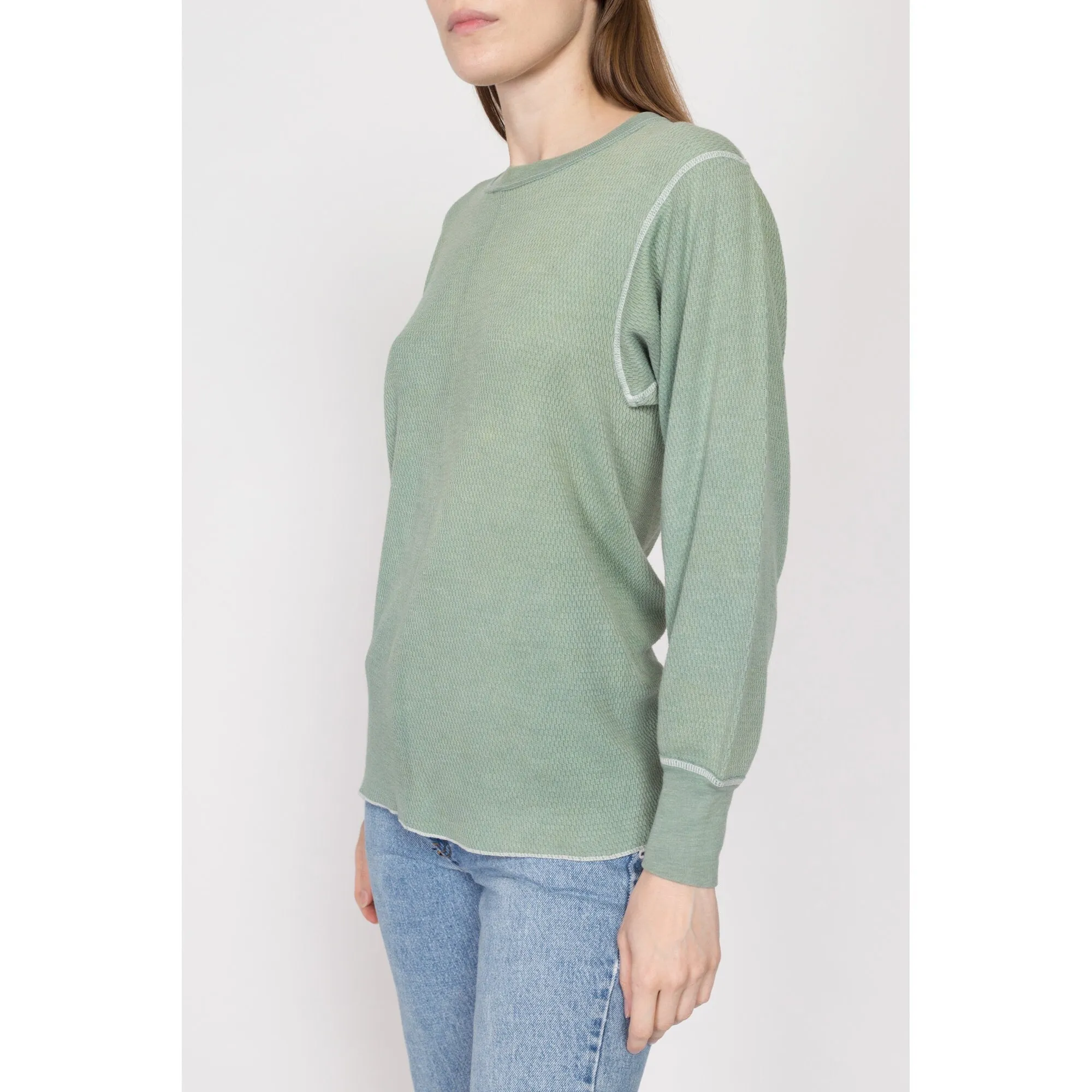 Large 80s Faded Sage Green Waffle Knit Thermal Shirt Unisex