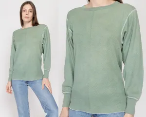 Large 80s Faded Sage Green Waffle Knit Thermal Shirt Unisex