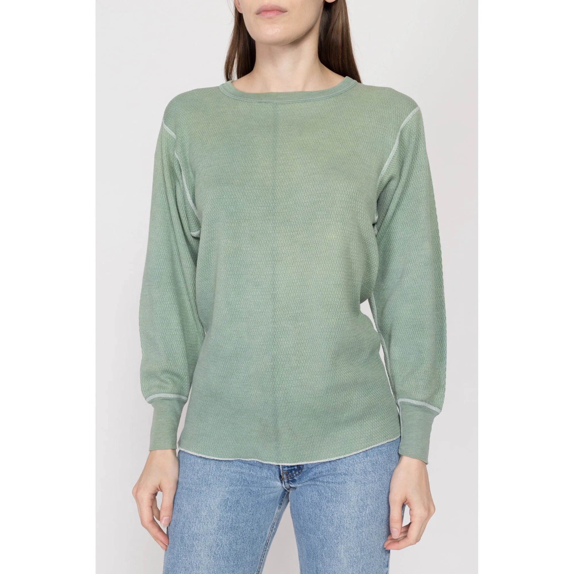 Large 80s Faded Sage Green Waffle Knit Thermal Shirt Unisex
