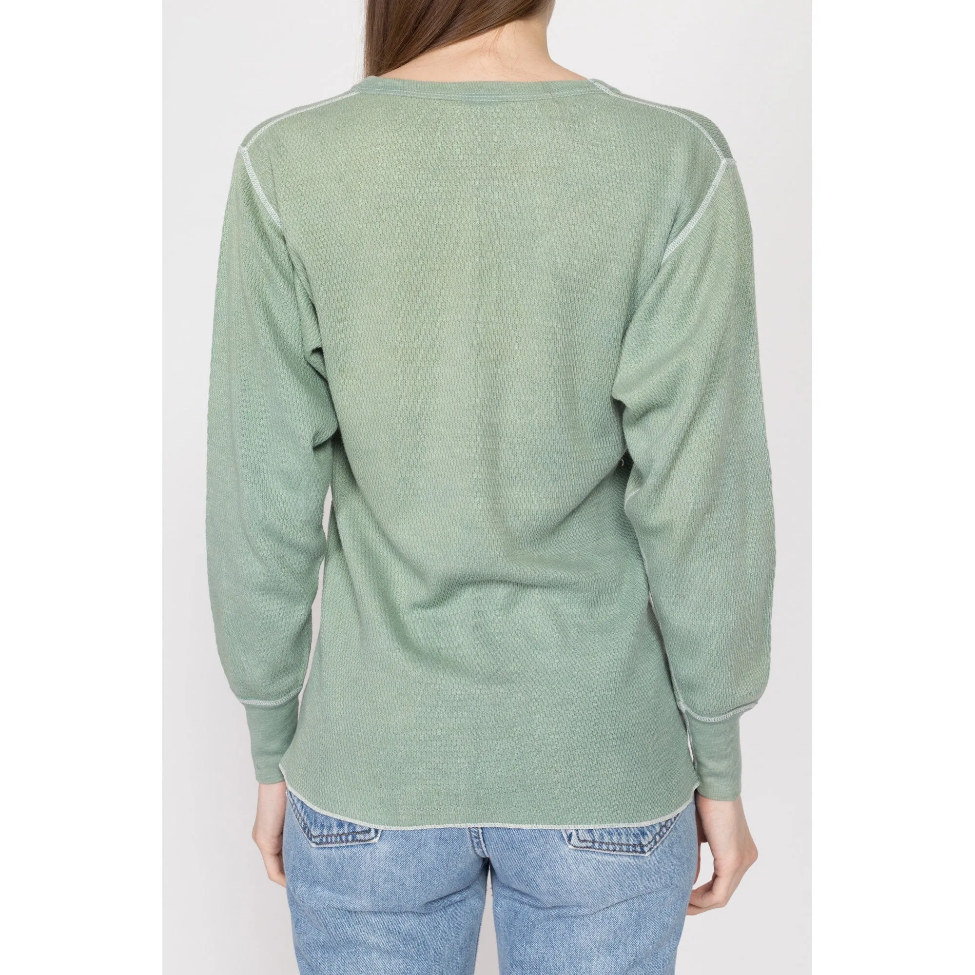 Large 80s Faded Sage Green Waffle Knit Thermal Shirt Unisex