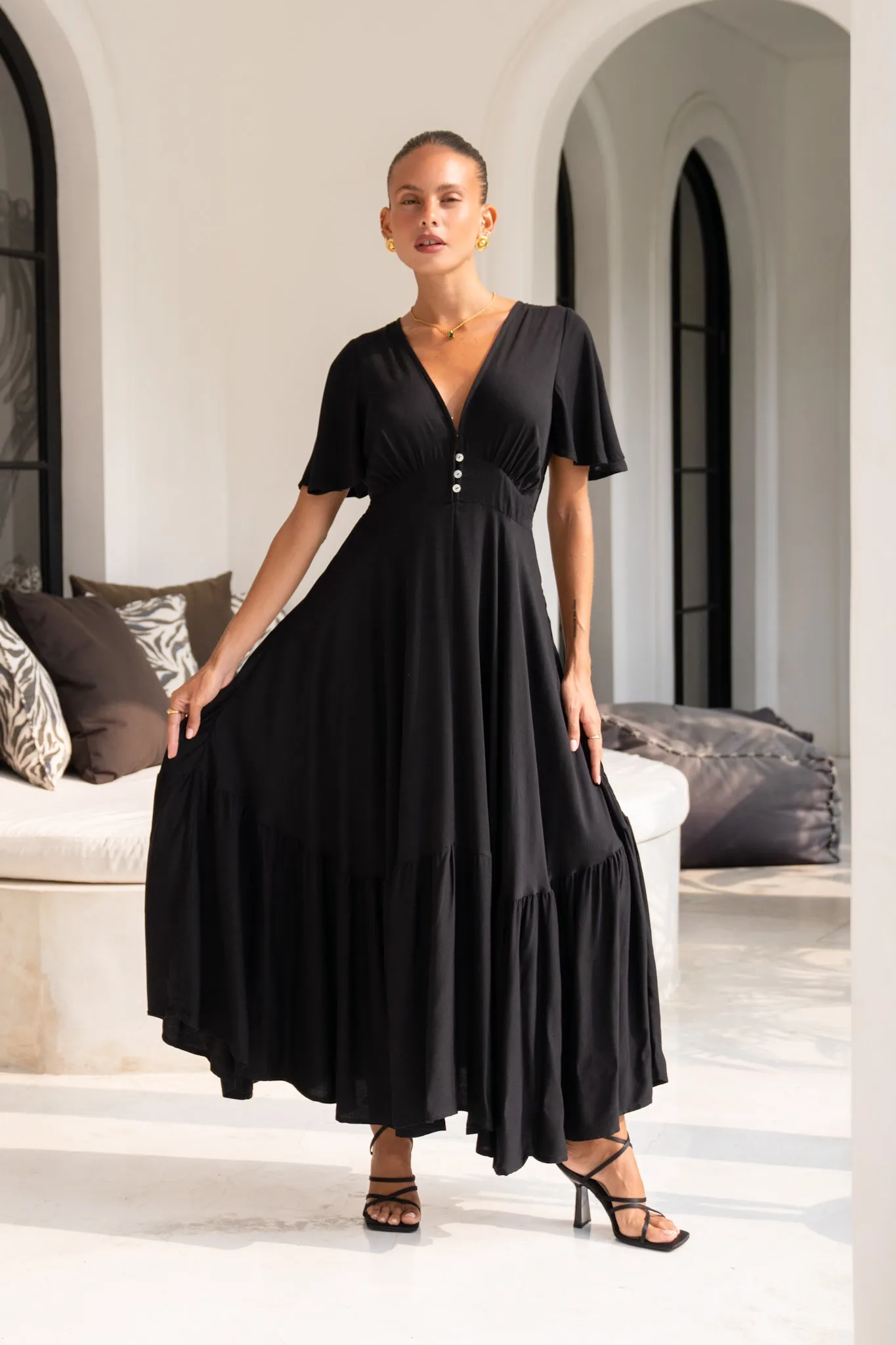 Lea Black V-Neck Midi Dress