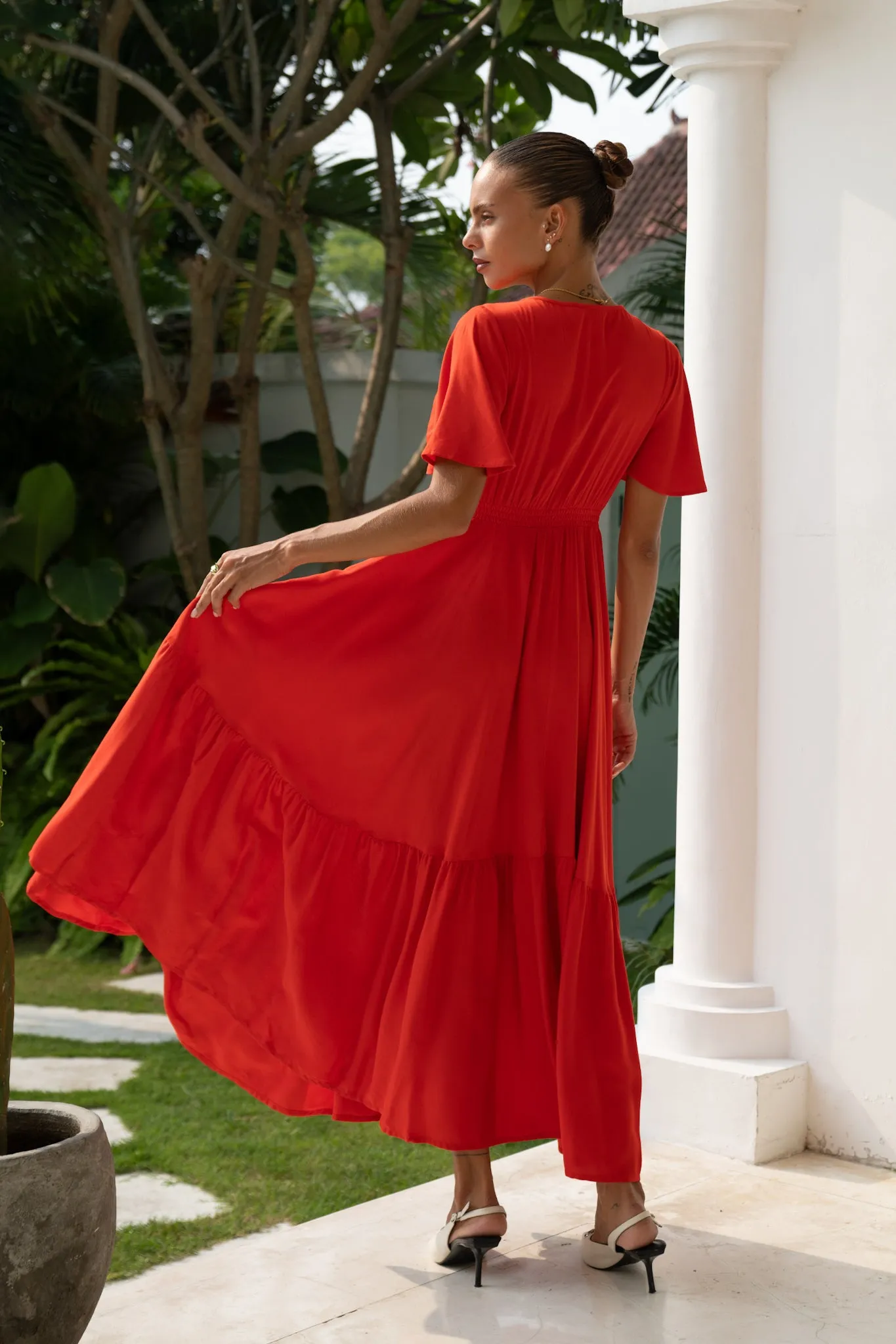 Lea Red V-Neck Midi Dress