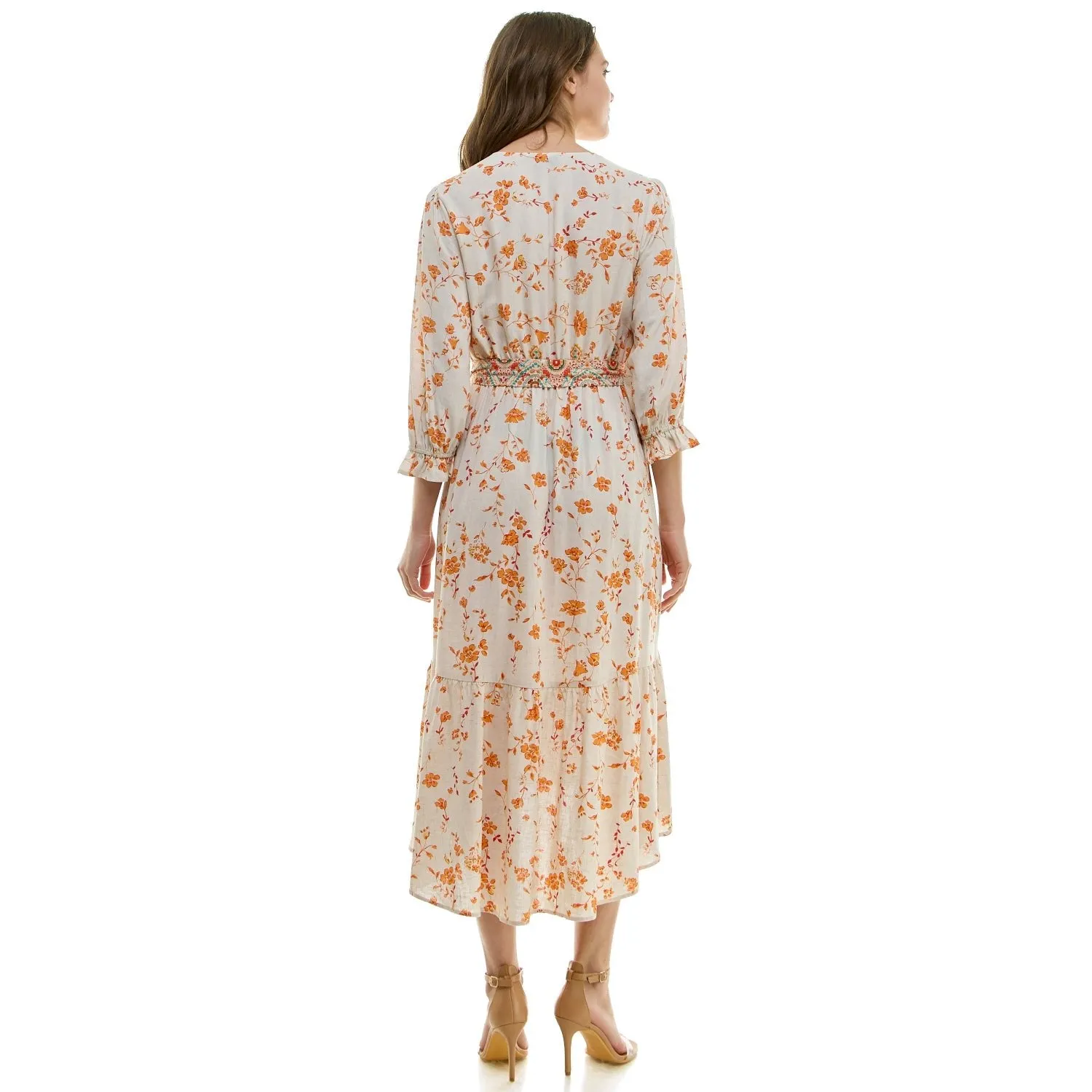 Long Sleeve Button Front V-Neck Printed Midi Dress