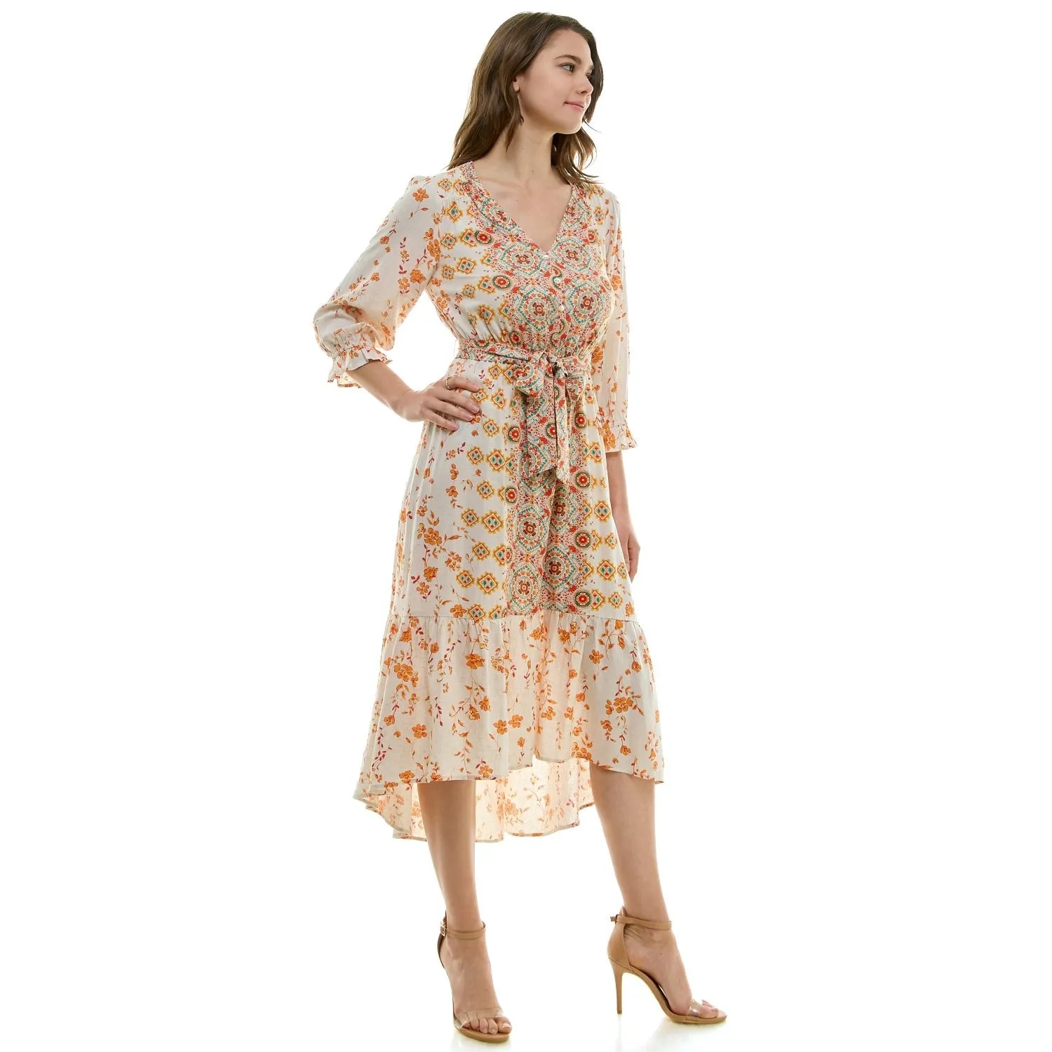 Long Sleeve Button Front V-Neck Printed Midi Dress