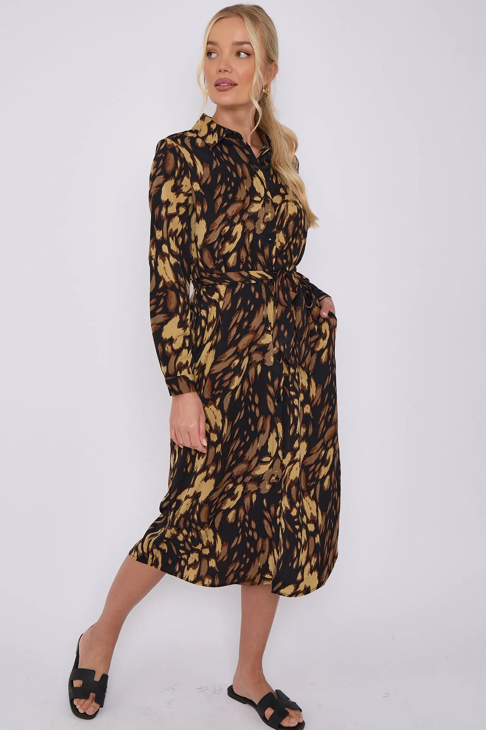 LOVE SUNSHINE Brown Leopard Print Long Sleeve Midi Shirt Dress