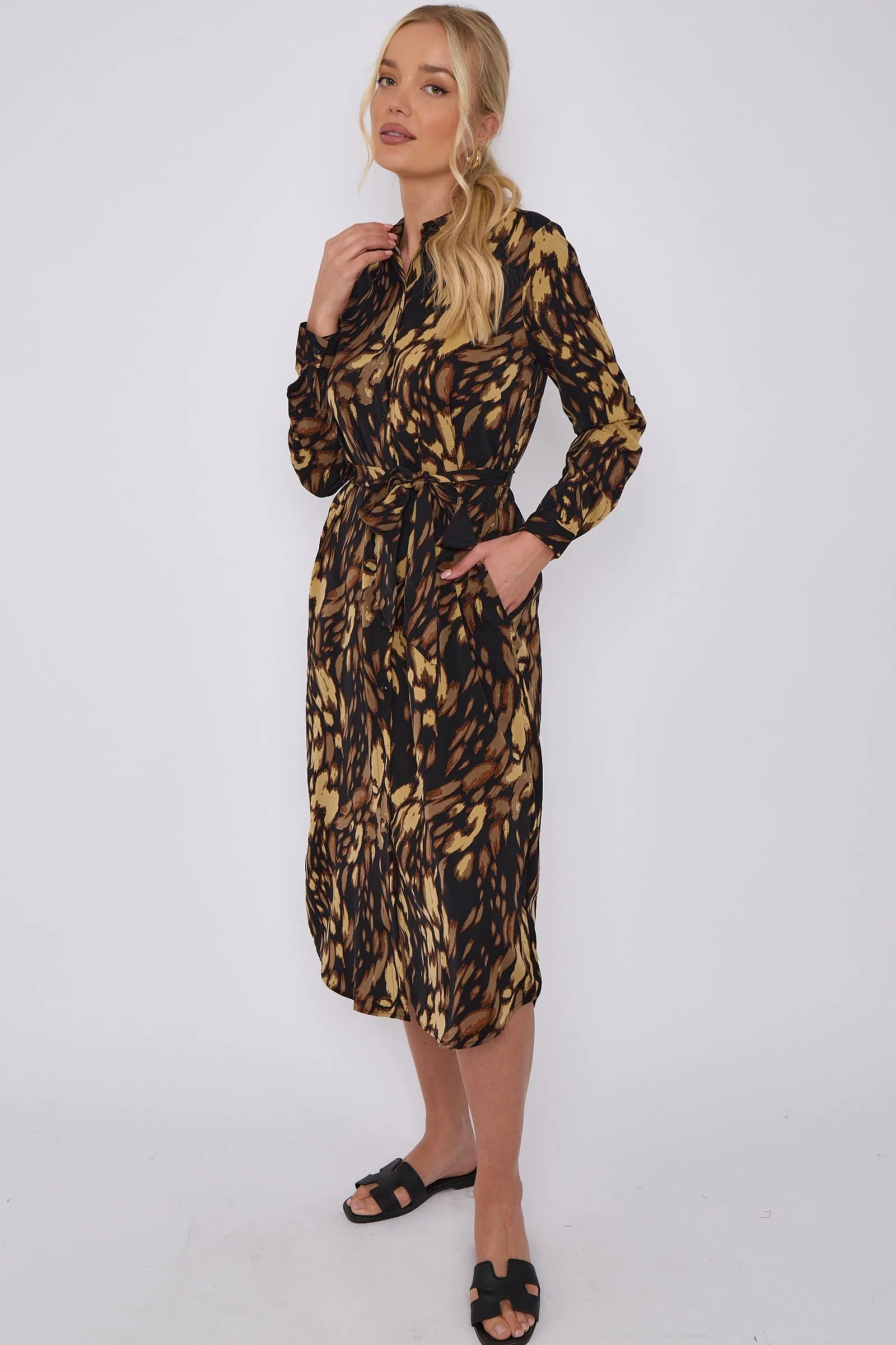 LOVE SUNSHINE Brown Leopard Print Long Sleeve Midi Shirt Dress