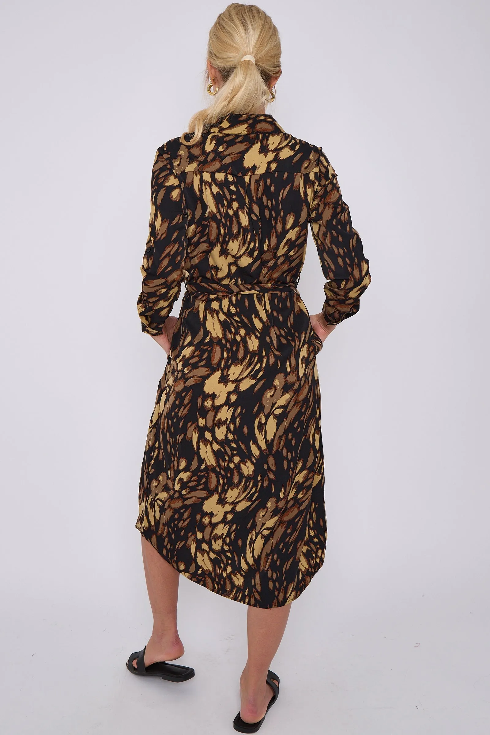 LOVE SUNSHINE Brown Leopard Print Long Sleeve Midi Shirt Dress