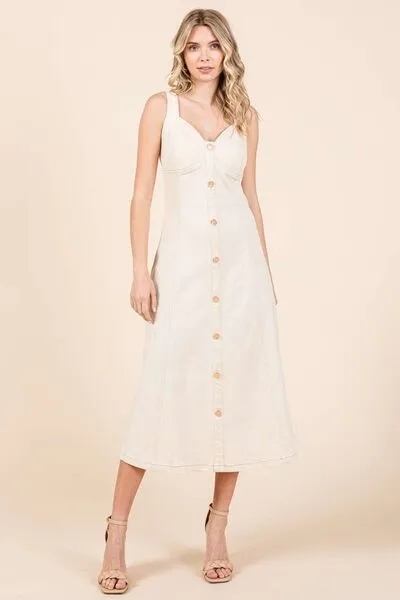 Mittoshop Stretch Twill Decor Button Sleeveless Midi Dress
