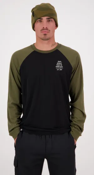 Mons Royale Icon Raglan Merino Long Sleeve Mens Graffiti Dark Olive / Black