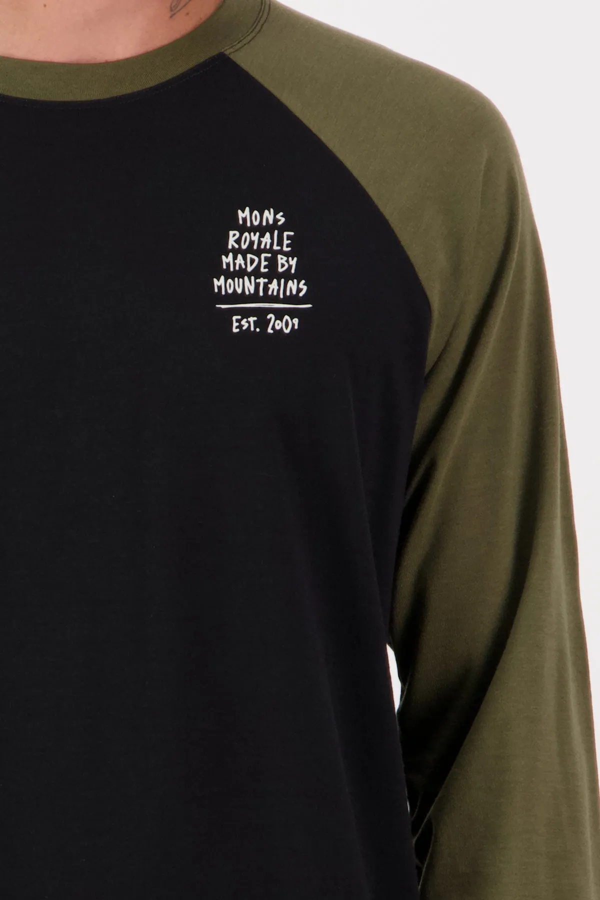 Mons Royale Icon Raglan Merino Long Sleeve Mens Graffiti Dark Olive / Black