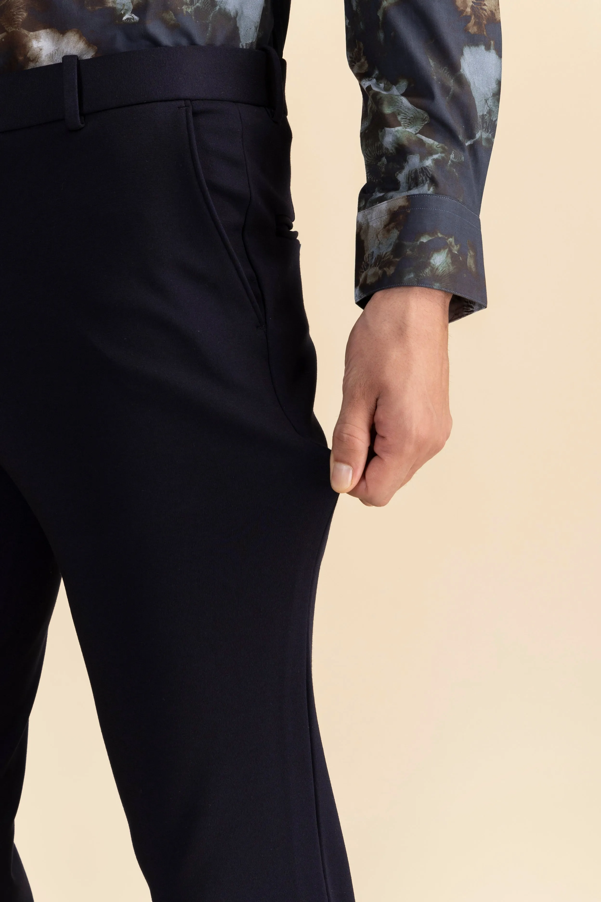 Navy Lycra 4 Way Stretch Knit Trousers