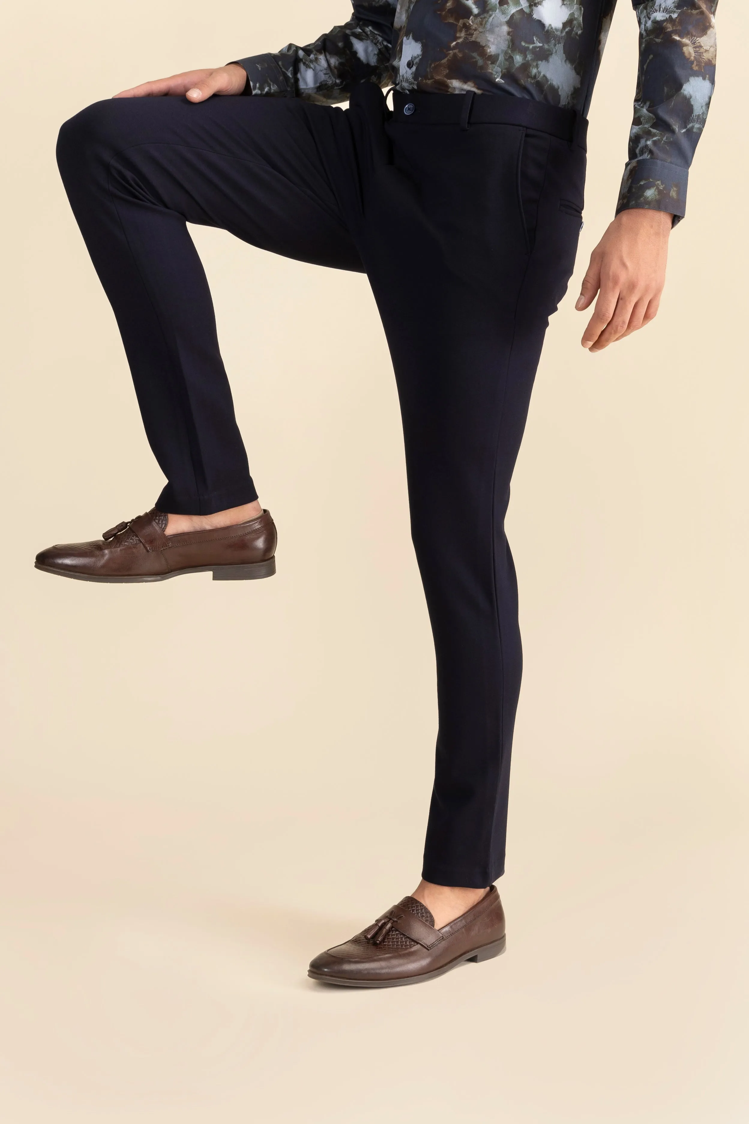 Navy Lycra 4 Way Stretch Knit Trousers