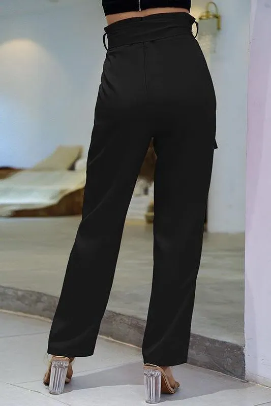 Notched Waist Belted Fold Pleat Pants