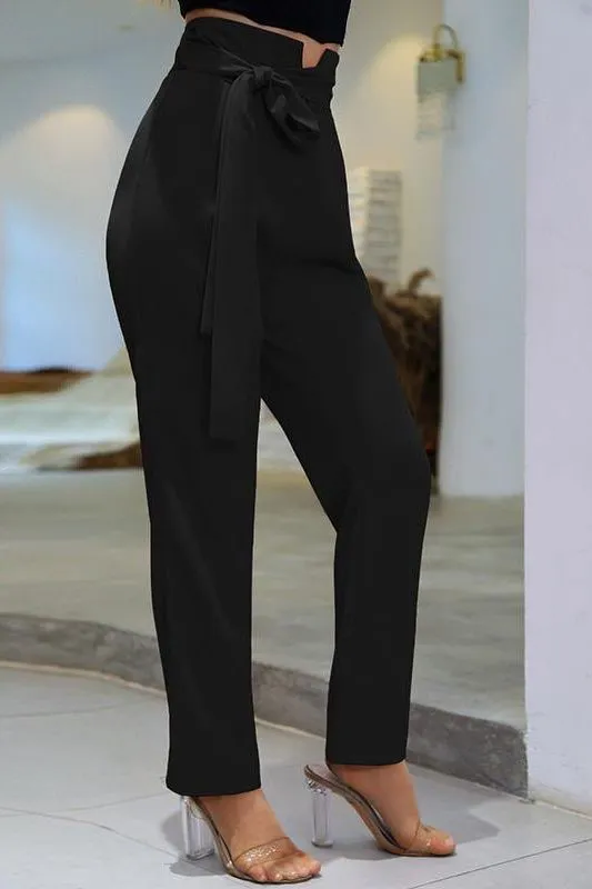 Notched Waist Belted Fold Pleat Pants