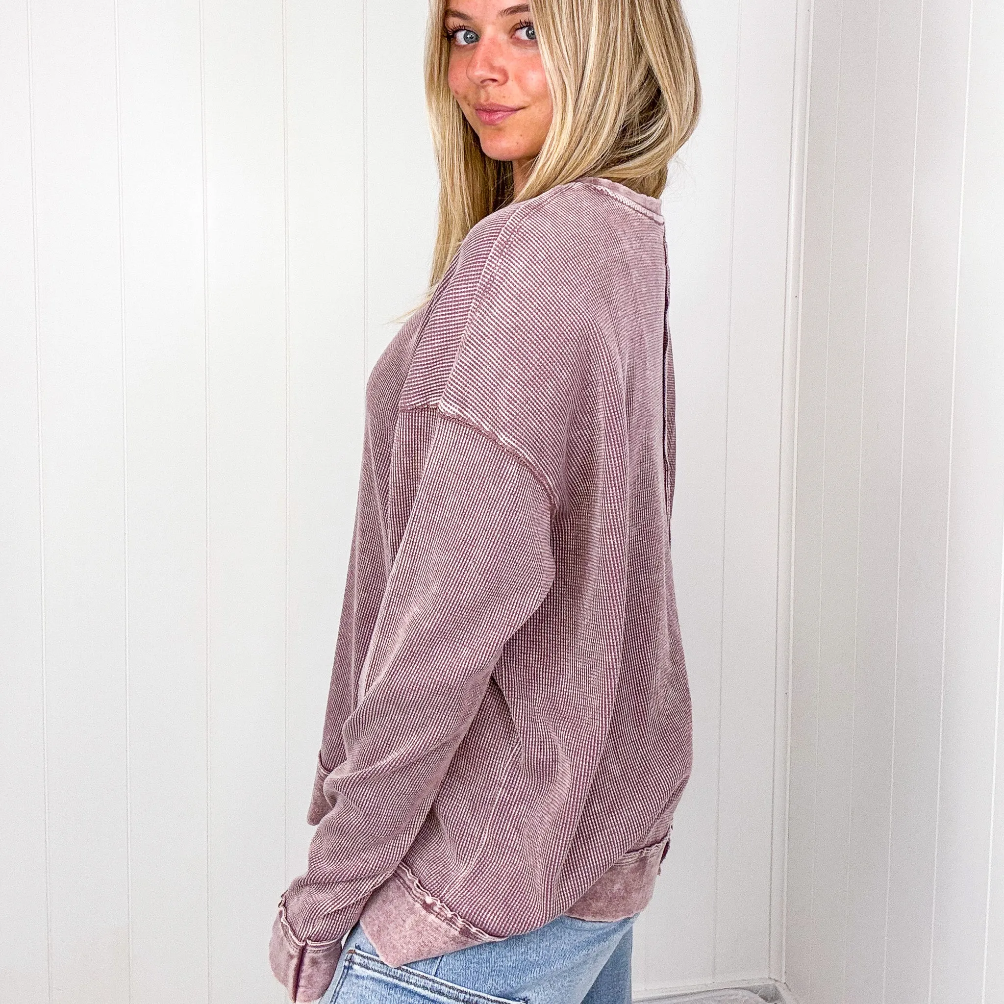 On the Comfortable Side Thermal Knit Mineral Washed Long Sleeve Top in 3 Colors