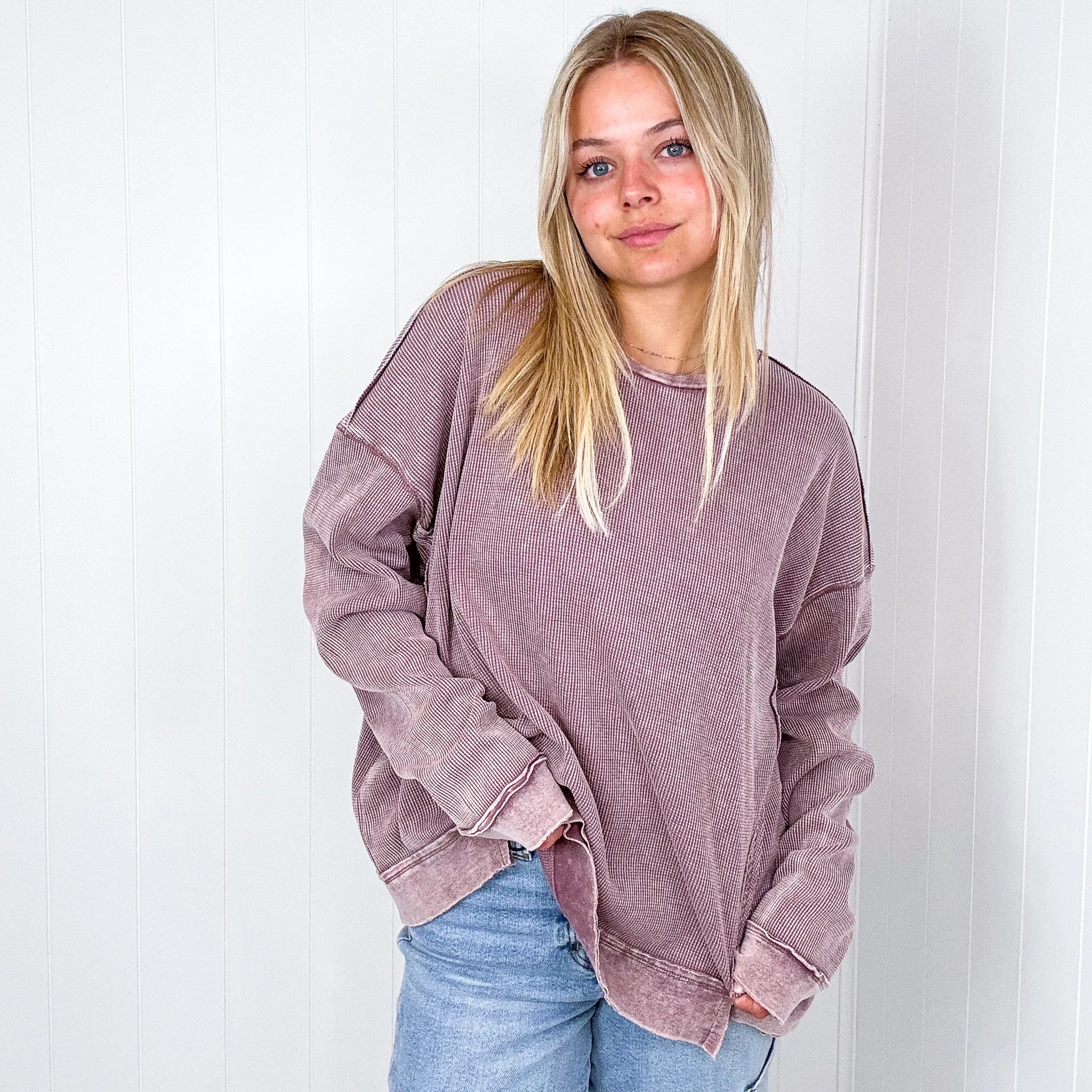 On the Comfortable Side Thermal Knit Mineral Washed Long Sleeve Top in 3 Colors