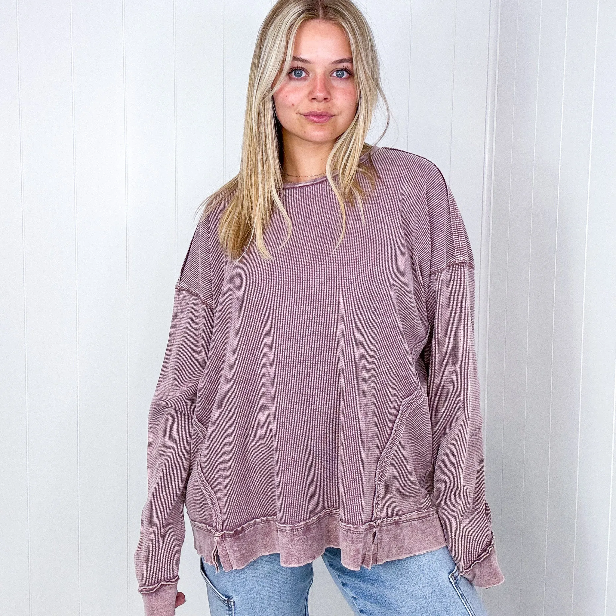 On the Comfortable Side Thermal Knit Mineral Washed Long Sleeve Top in 3 Colors