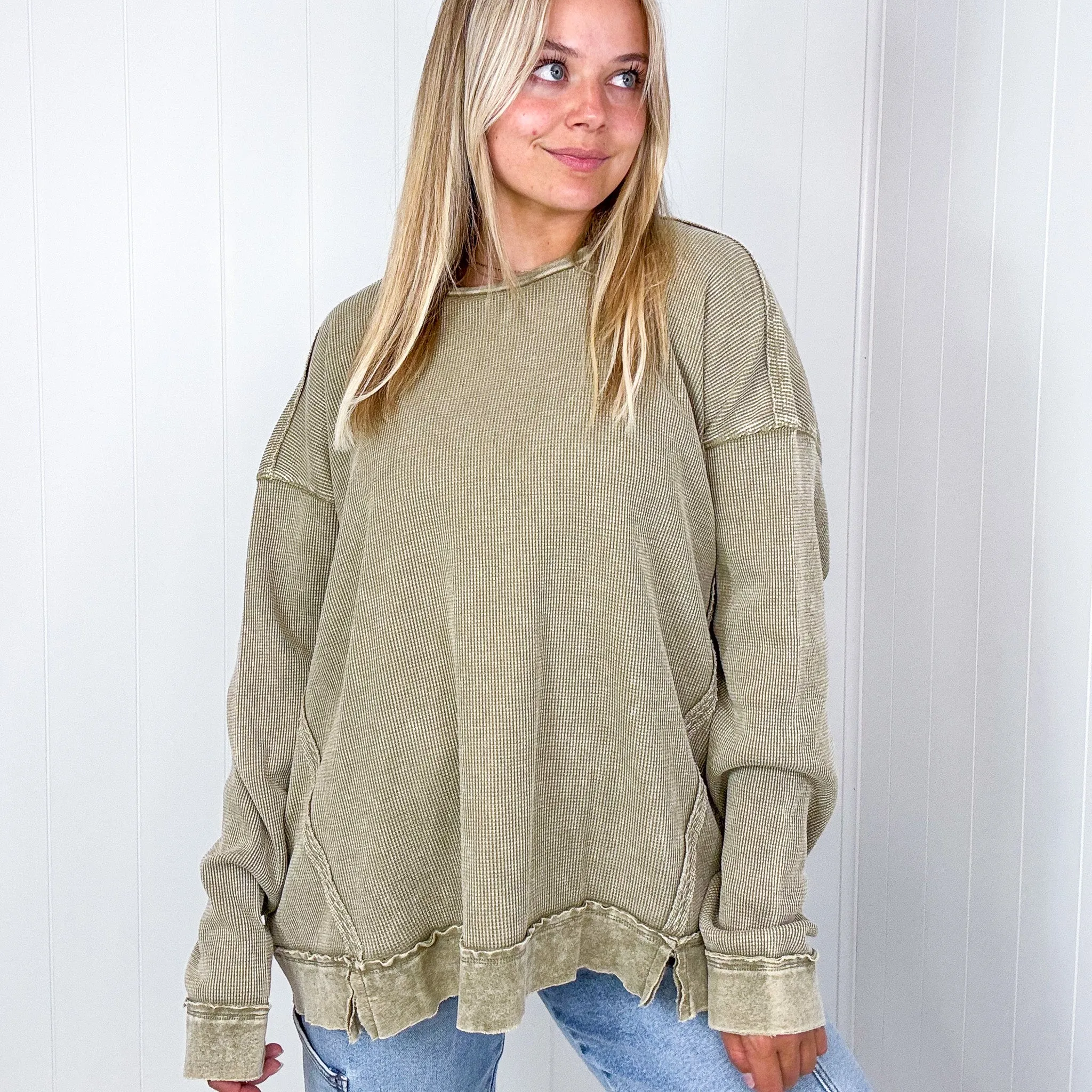 On the Comfortable Side Thermal Knit Mineral Washed Long Sleeve Top in 3 Colors