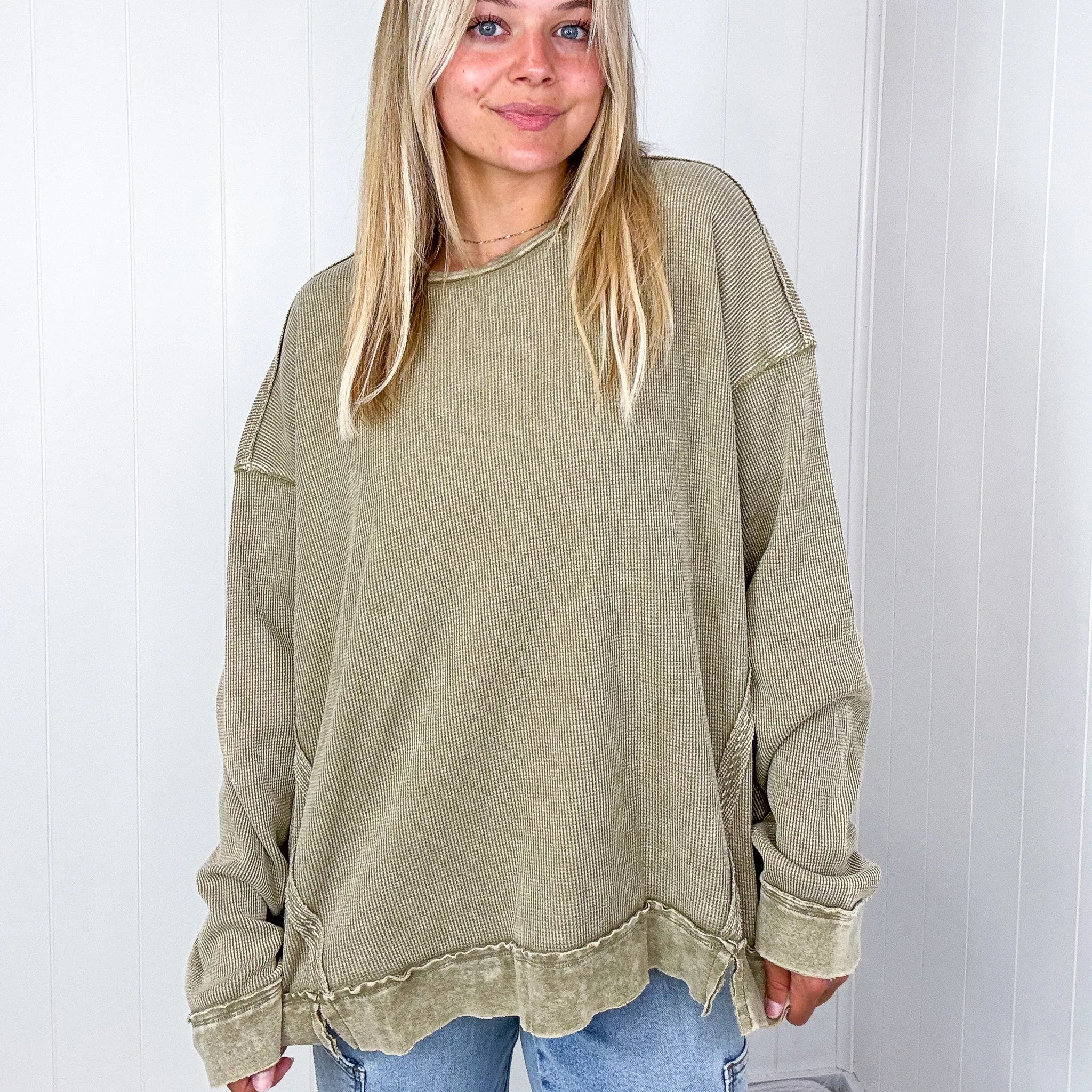 On the Comfortable Side Thermal Knit Mineral Washed Long Sleeve Top in 3 Colors
