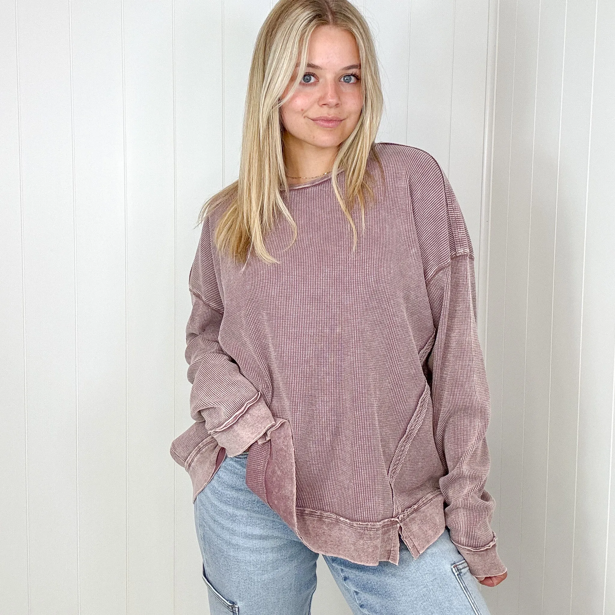 On the Comfortable Side Thermal Knit Mineral Washed Long Sleeve Top in 3 Colors