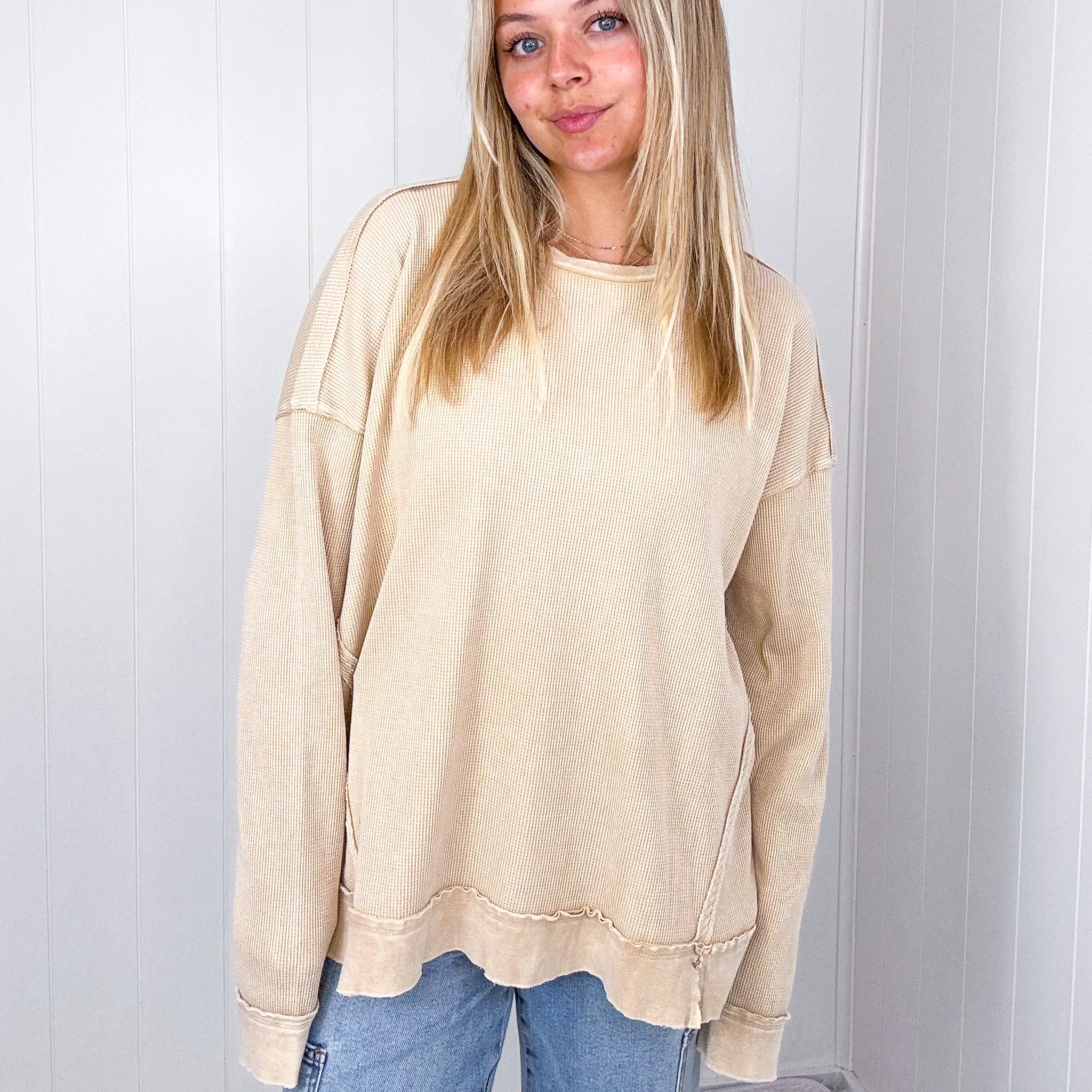 On the Comfortable Side Thermal Knit Mineral Washed Long Sleeve Top in 3 Colors