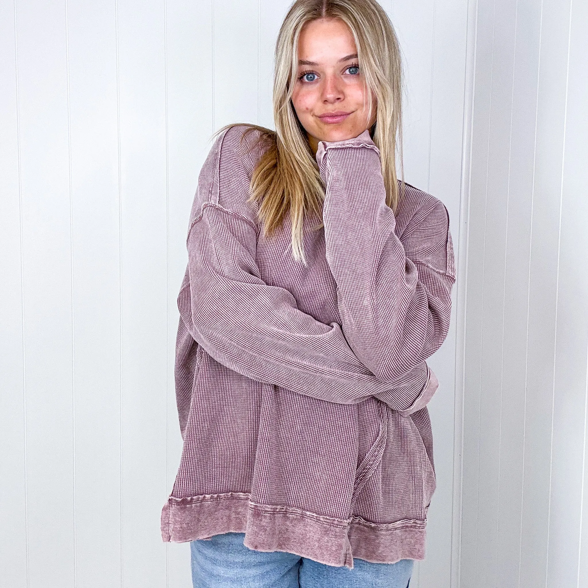 On the Comfortable Side Thermal Knit Mineral Washed Long Sleeve Top in 3 Colors