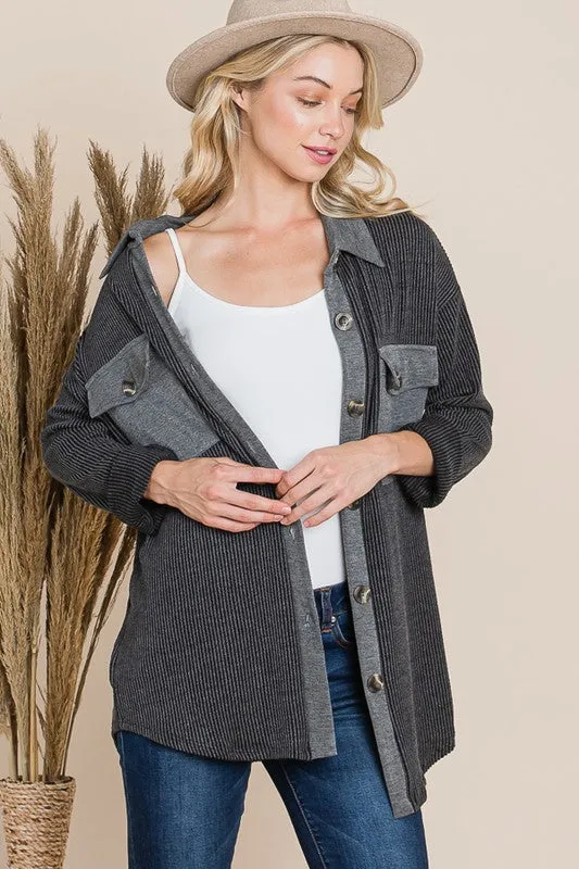 Oversized Shirt Jacket with Pockets - oatmeal, charcoal