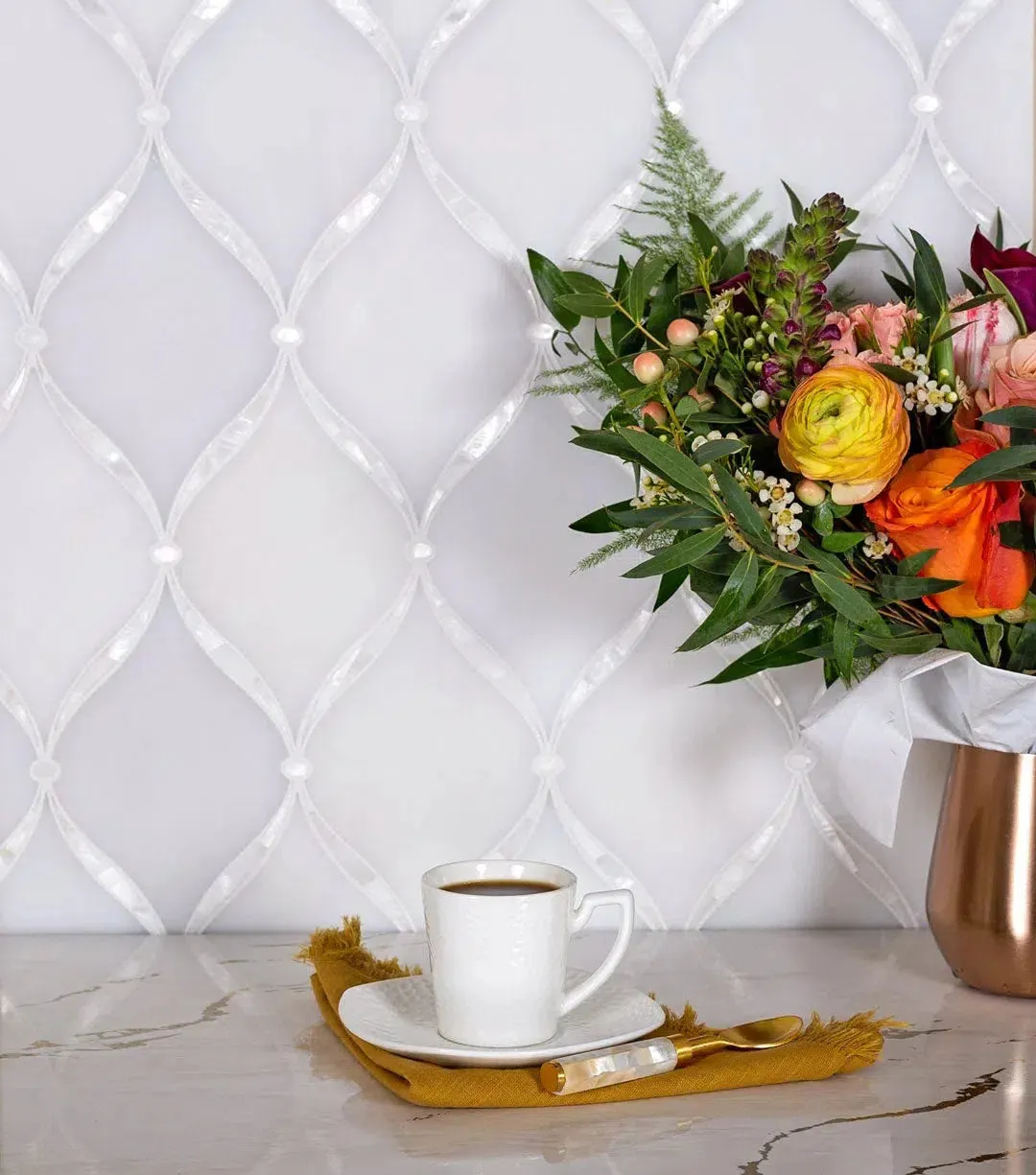 Pearl Chic White Marble & Mother Of Pearl Waterjet Mosaic Tile