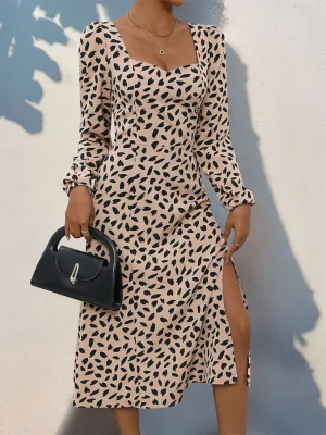 Perfee Tied Slit Printed Long Sleeve Midi Dress