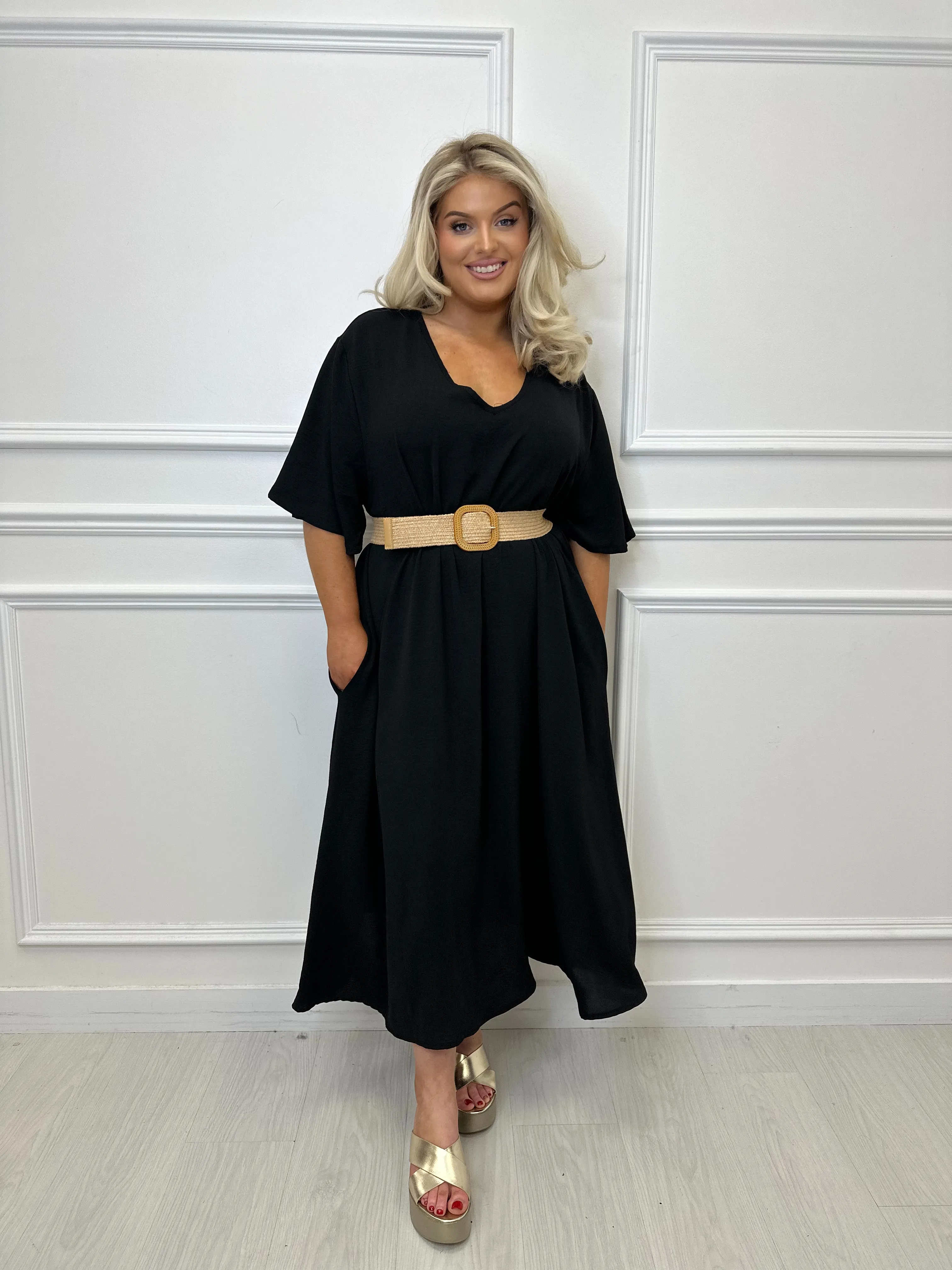 Pippa Black V Neck Belted Midi Dress