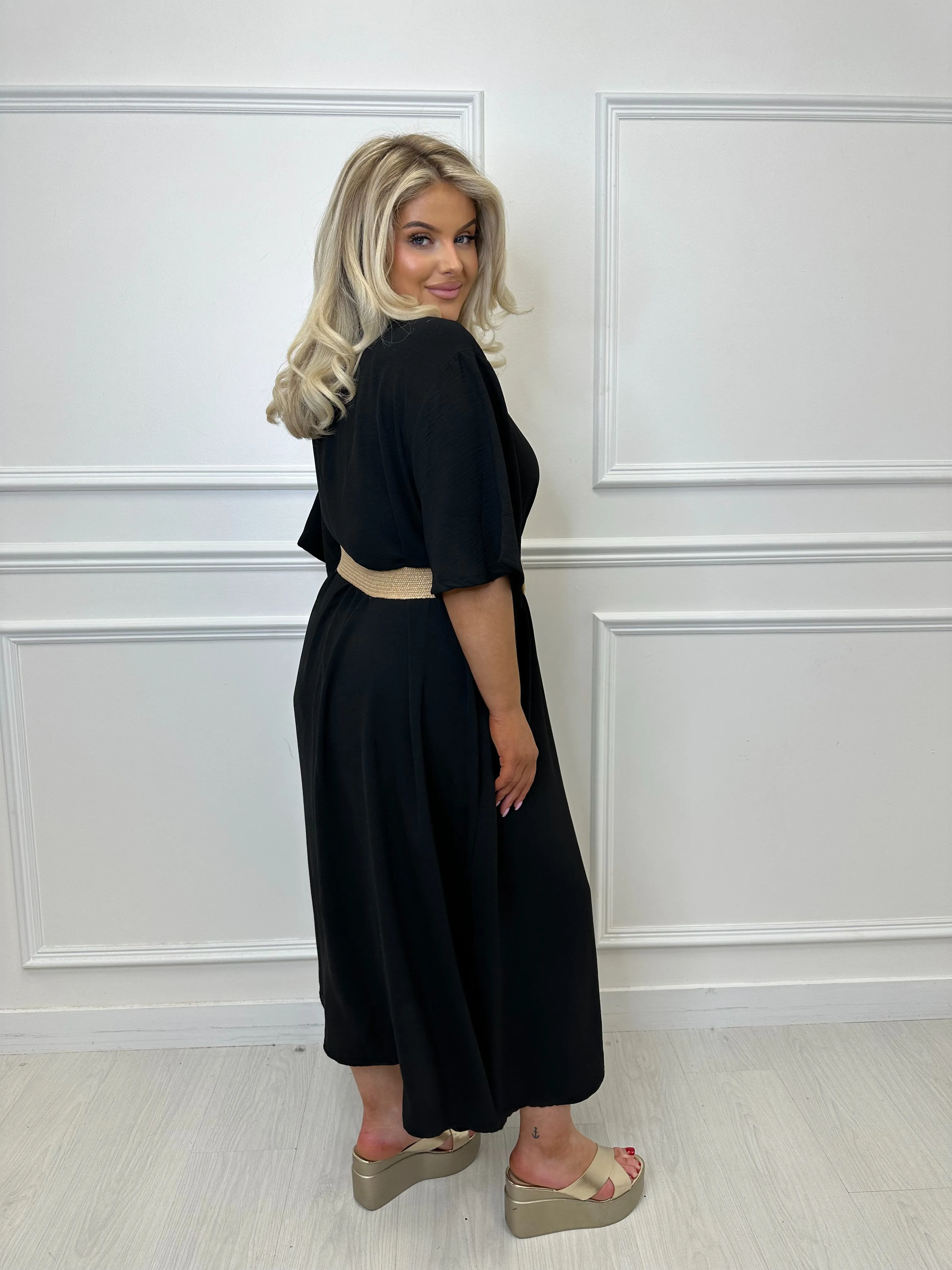Pippa Black V Neck Belted Midi Dress