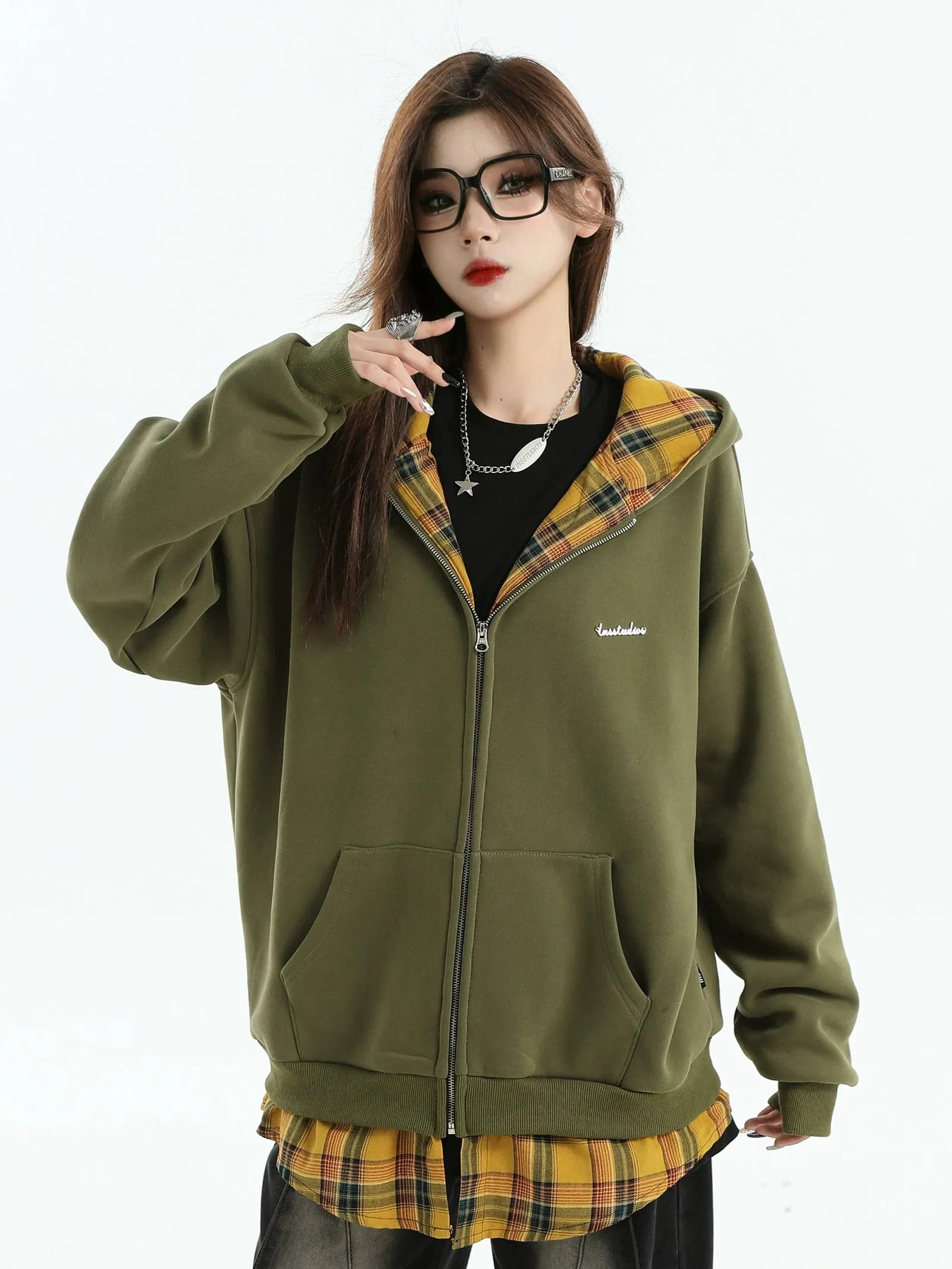 Plaid Layer Zipped Hoodie