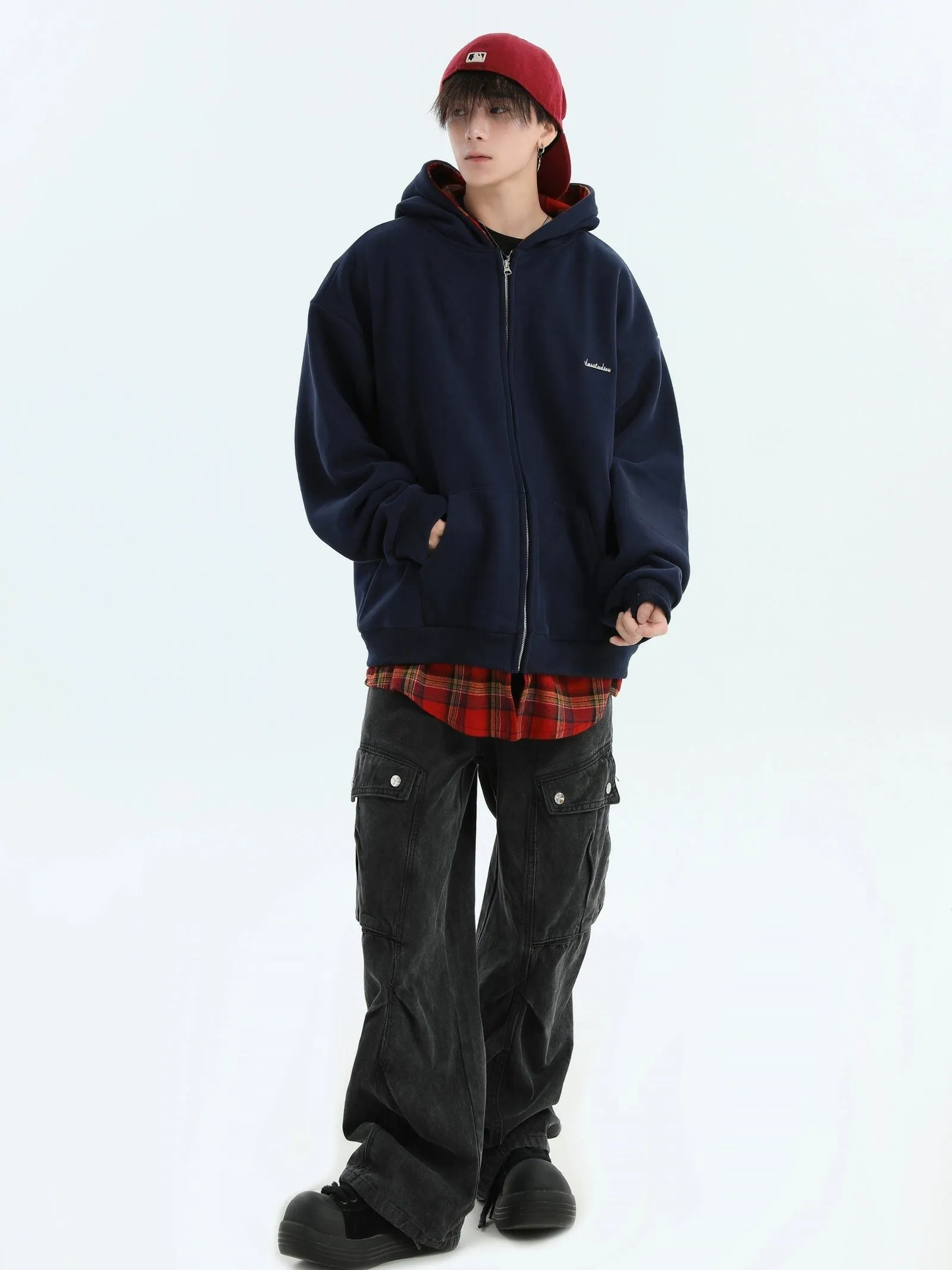 Plaid Layer Zipped Hoodie