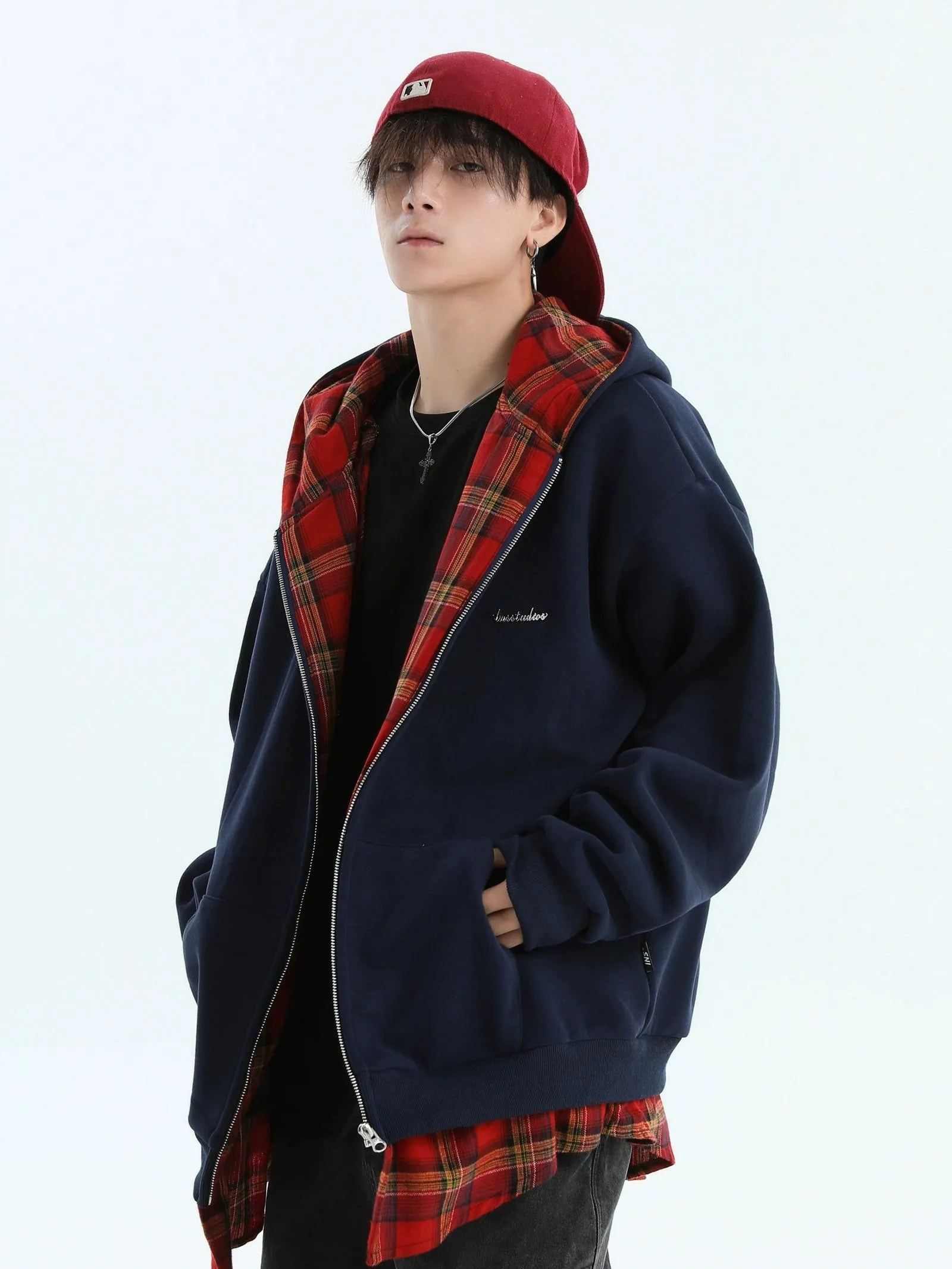 Plaid Layer Zipped Hoodie